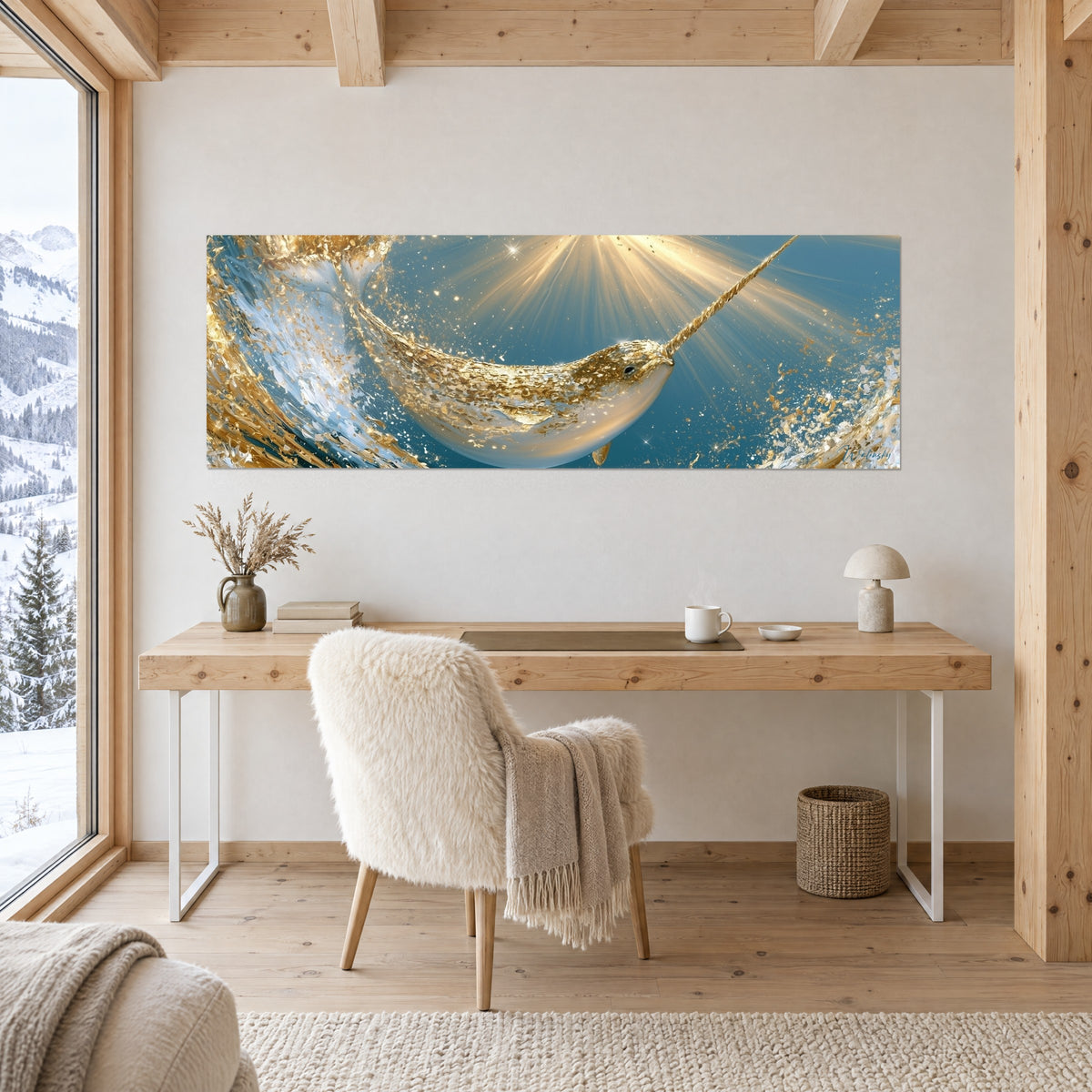 Cuadro narval dorado que surca un mar turquesa, salpicaduras doradas en pintura gruesa, colgado sobre un escritorio de madera clara