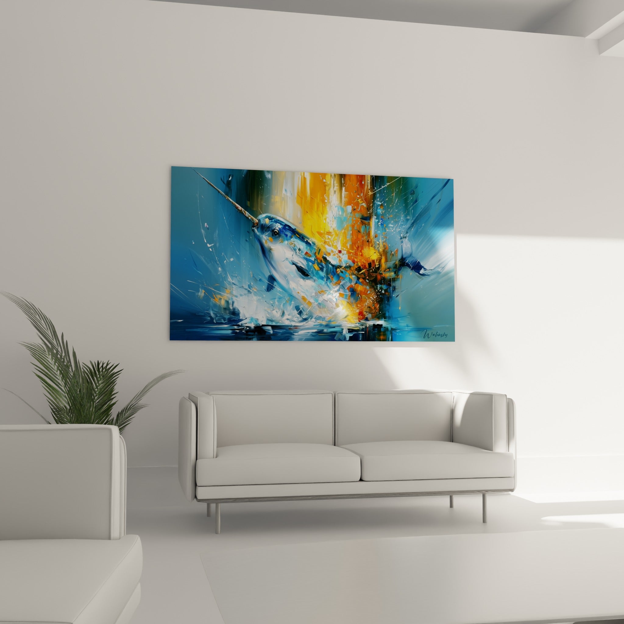 Défense de narval blanche traversant un fond bleu et doré, au-dessus d'un canapé dans un salon lumineux