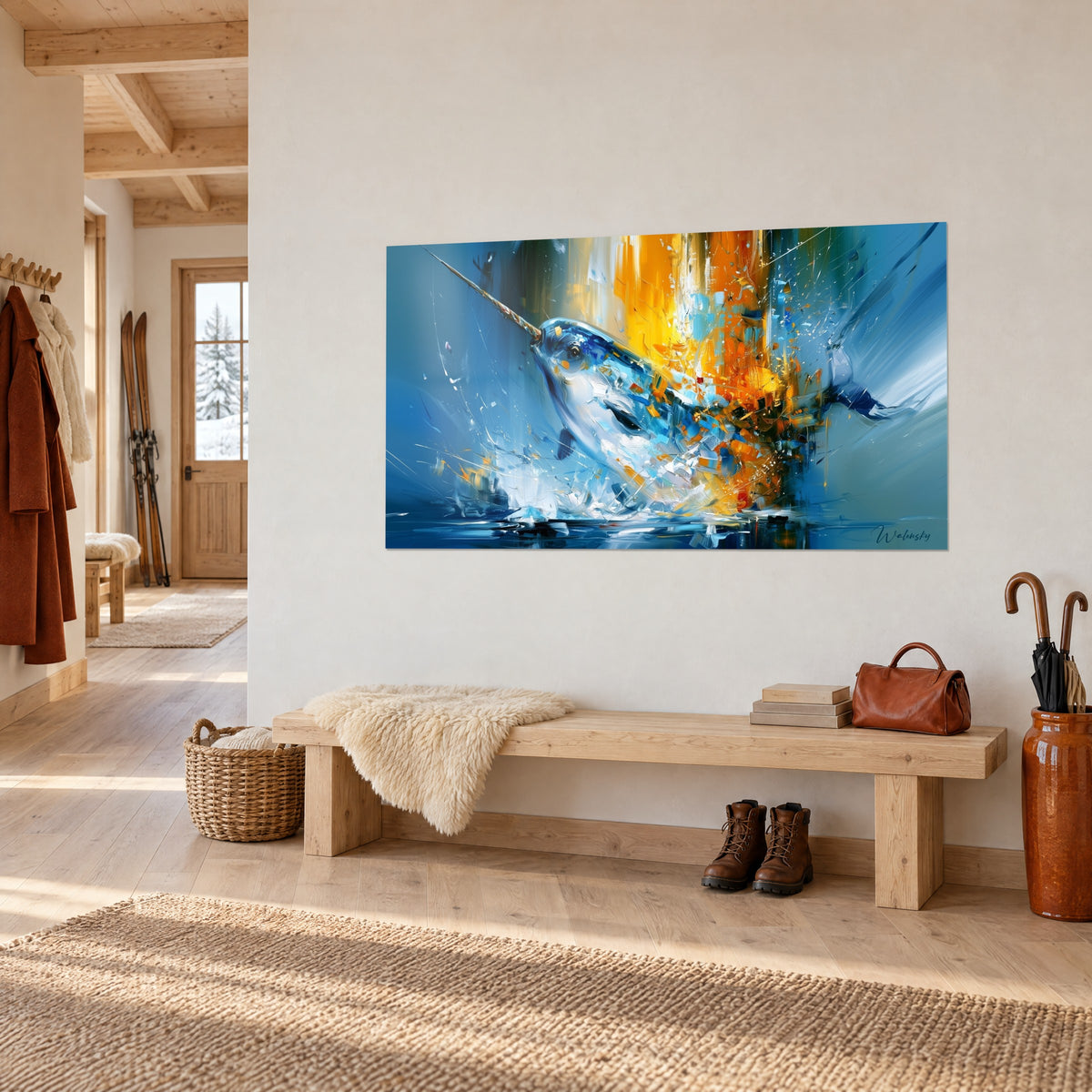 Gemälde Walfisch mit Horn aus den Wellen aufsteigend, kobaltblau und Safrangelb, an weißer Wand im Eingangsbereich eines Chalets