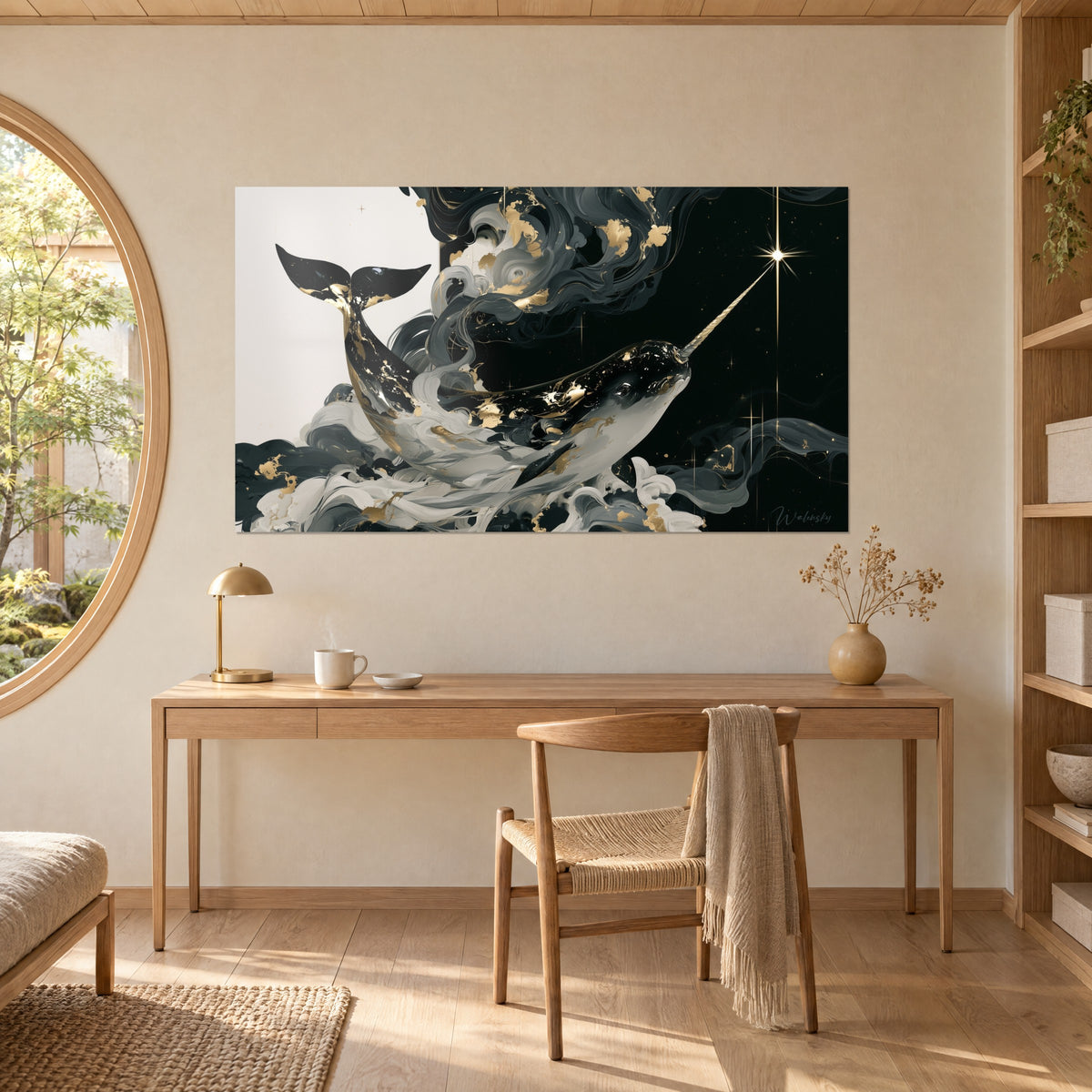 Gemälde Meeressäuger in schwarzer Tinte, weiße Schnörkel und goldener Glitzer, achtzackiger Stern, an der Wand eines Eichenschreibtischs