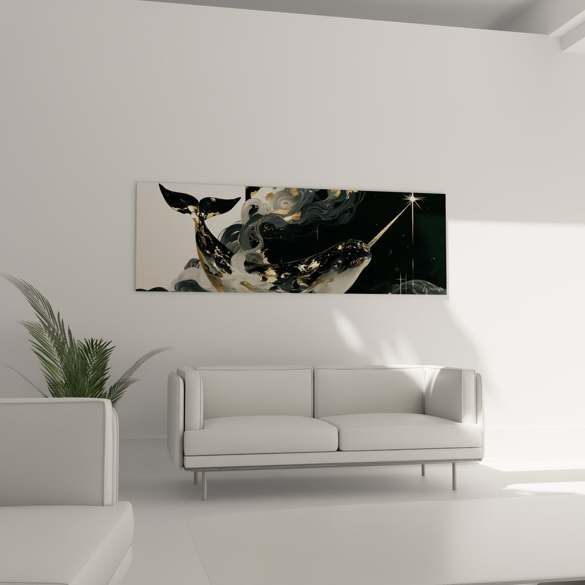 Silhouette du narval fauve et noir au-dessus d'un canapé dans un salon lumineux