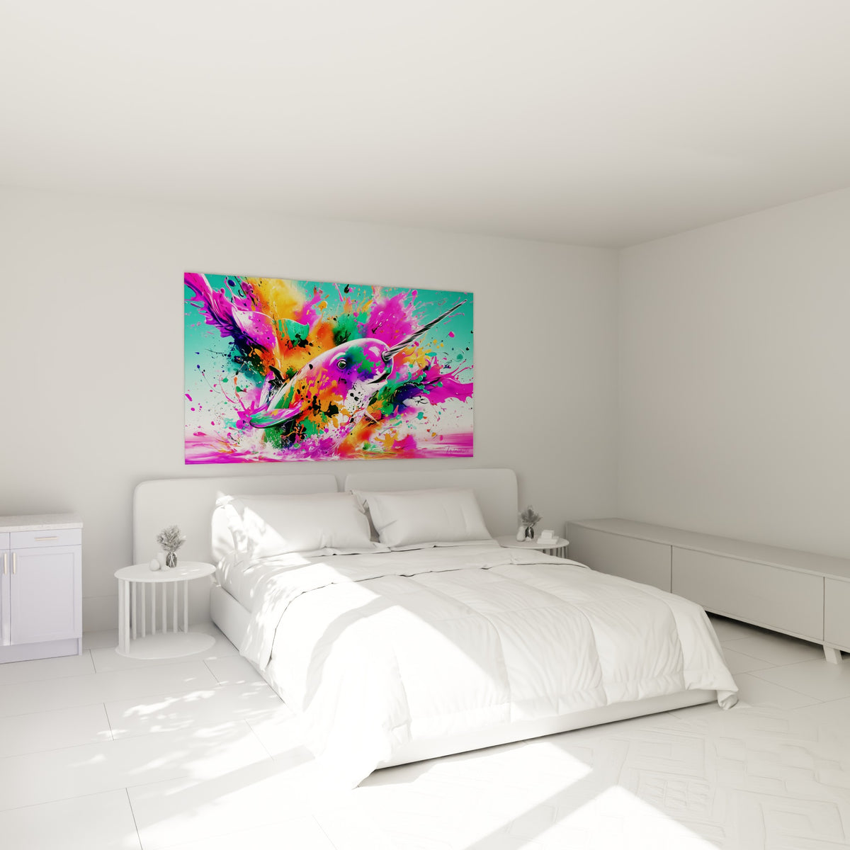 Narval aux couleurs fuchsia et vert émeraude accroché au-dessus d'un lit dans une chambre claire