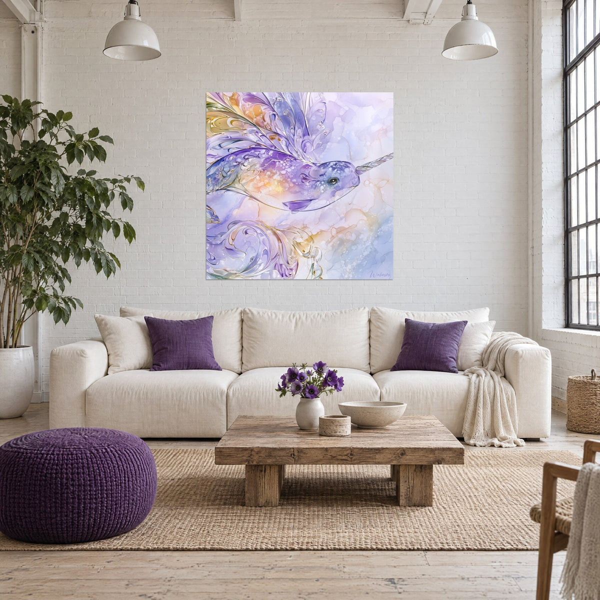 Wall art narwhal with purple fins and golden highlights, spiral tusk, above a sofa in a bright living room