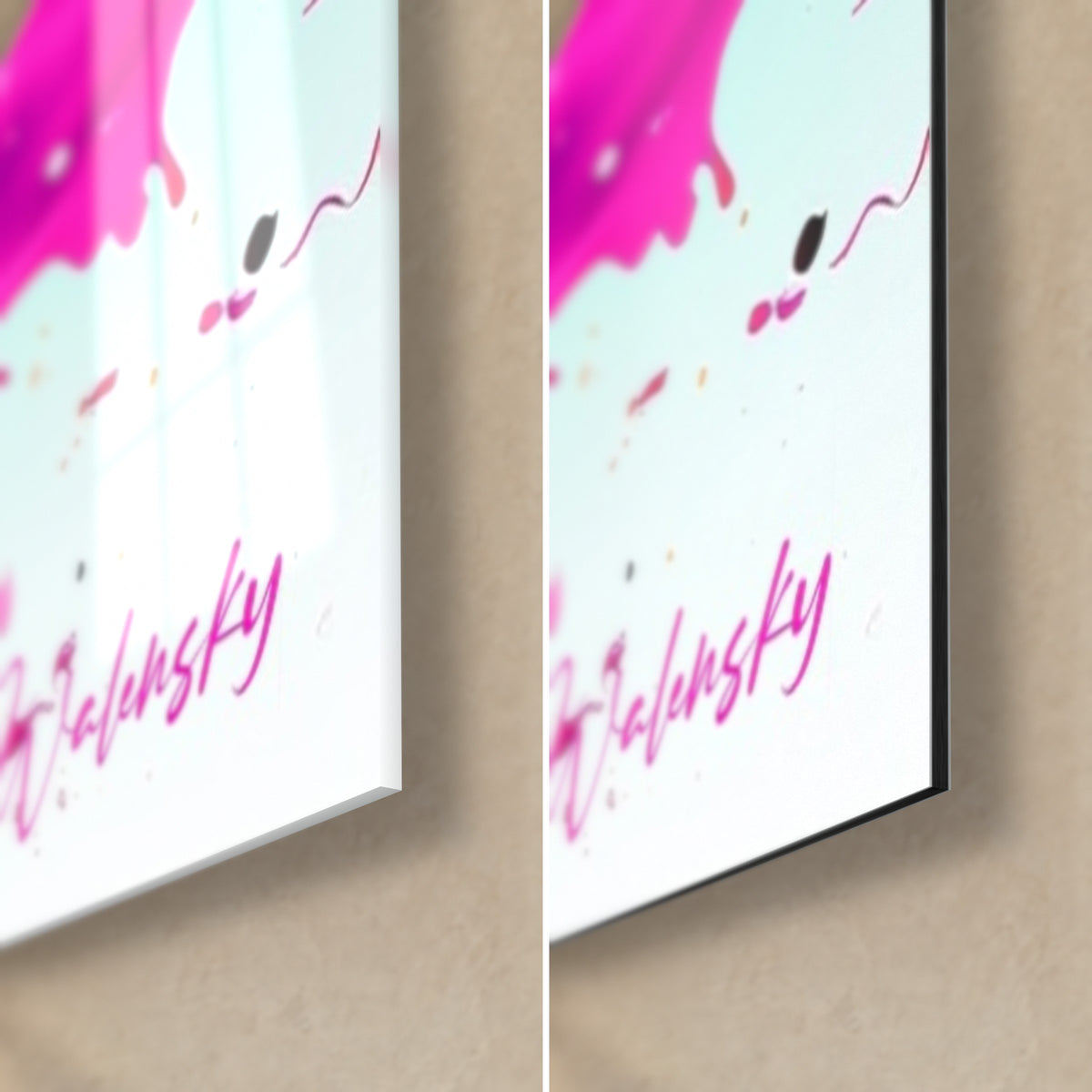Gemälde Einhornwal in Fuchsia, Detail unten rechts: glänzendes Acrylglas links, matte Dibond-Aluminium rechts, 3 mm Kante