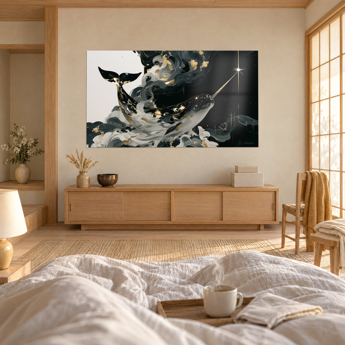 Gemälde Walart in Onyx und Cremeweiß mit goldenen Schnörkeln, langer gedrehter Stoßzahn zum Stern gerichtet, über einem Bett in einem hellen Schlafzimmer
