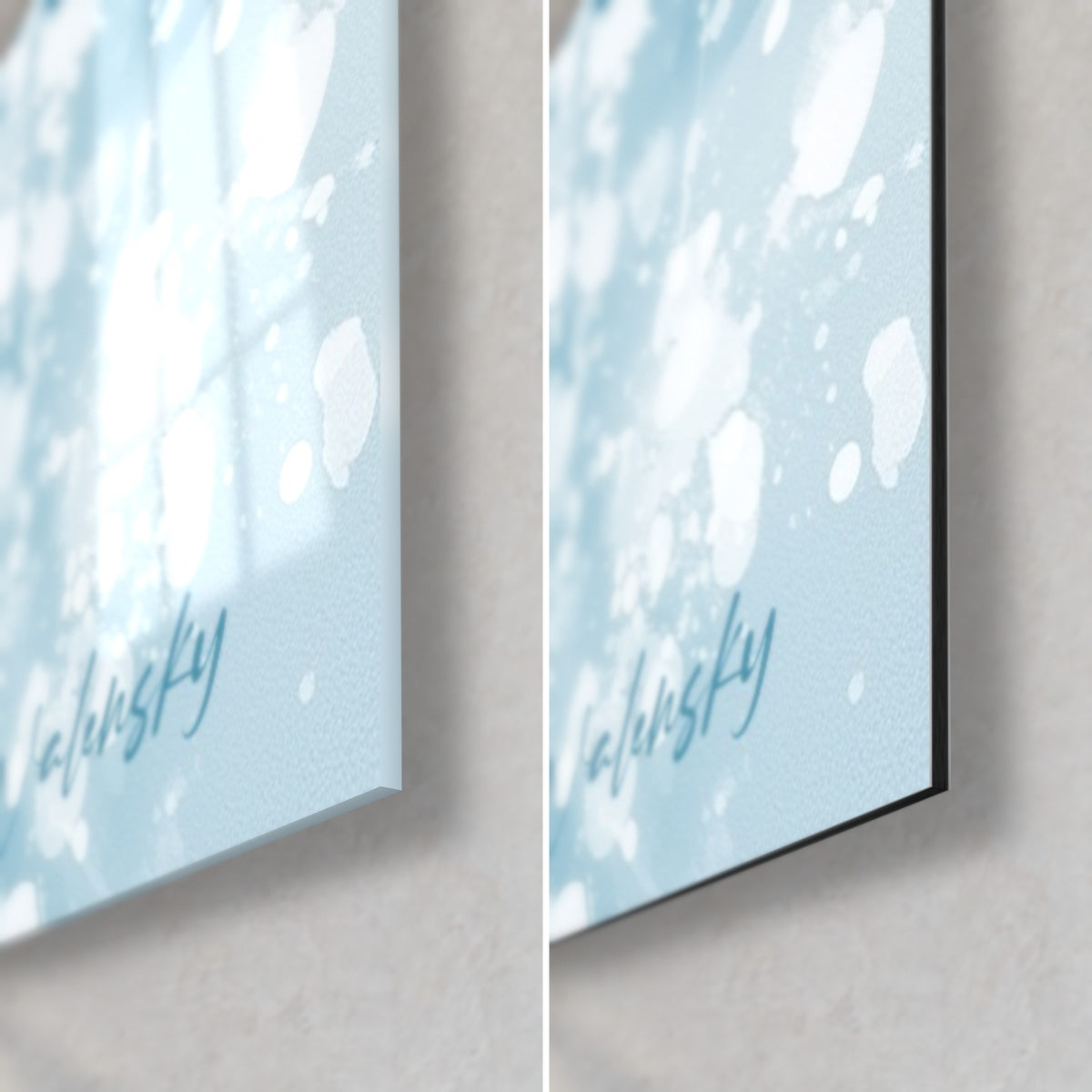 Quadro narvalo ad acquerello, angolo in basso a destra: acrilico lucido azzurro cielo con riflessi, Dibond opaco bianco brinato, spessore 3 mm