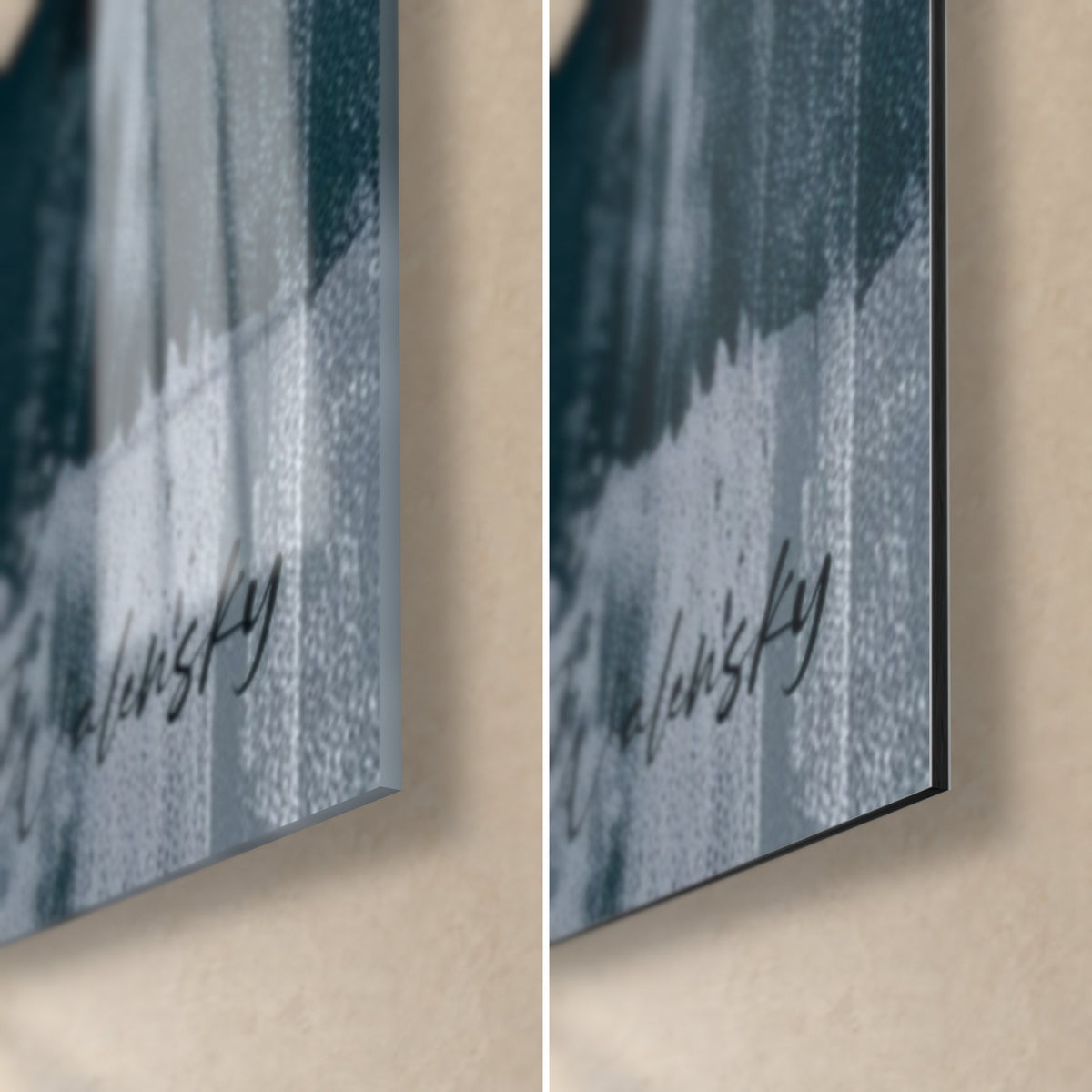 Wall art black narwhal, bottom right corner: glossy acrylic glass on the left, matte Dibond aluminium on the right, petrol blue and signature