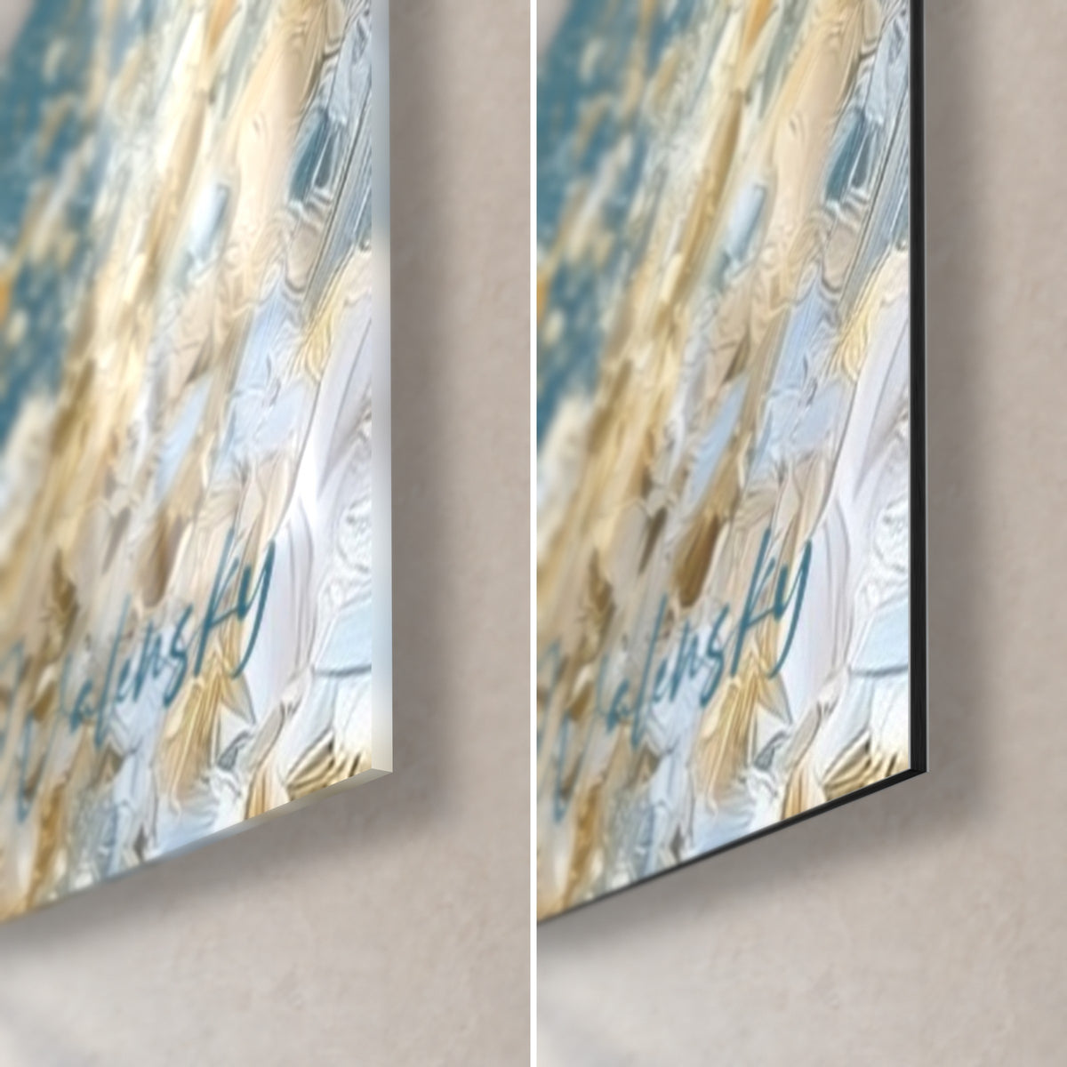 Cuadro unicornio de mar en oro y azul, esquina inferior derecha: vidrio acrílico brillante a la izquierda, aluminio Dibond negro mate a la derecha, canto de 3 mm