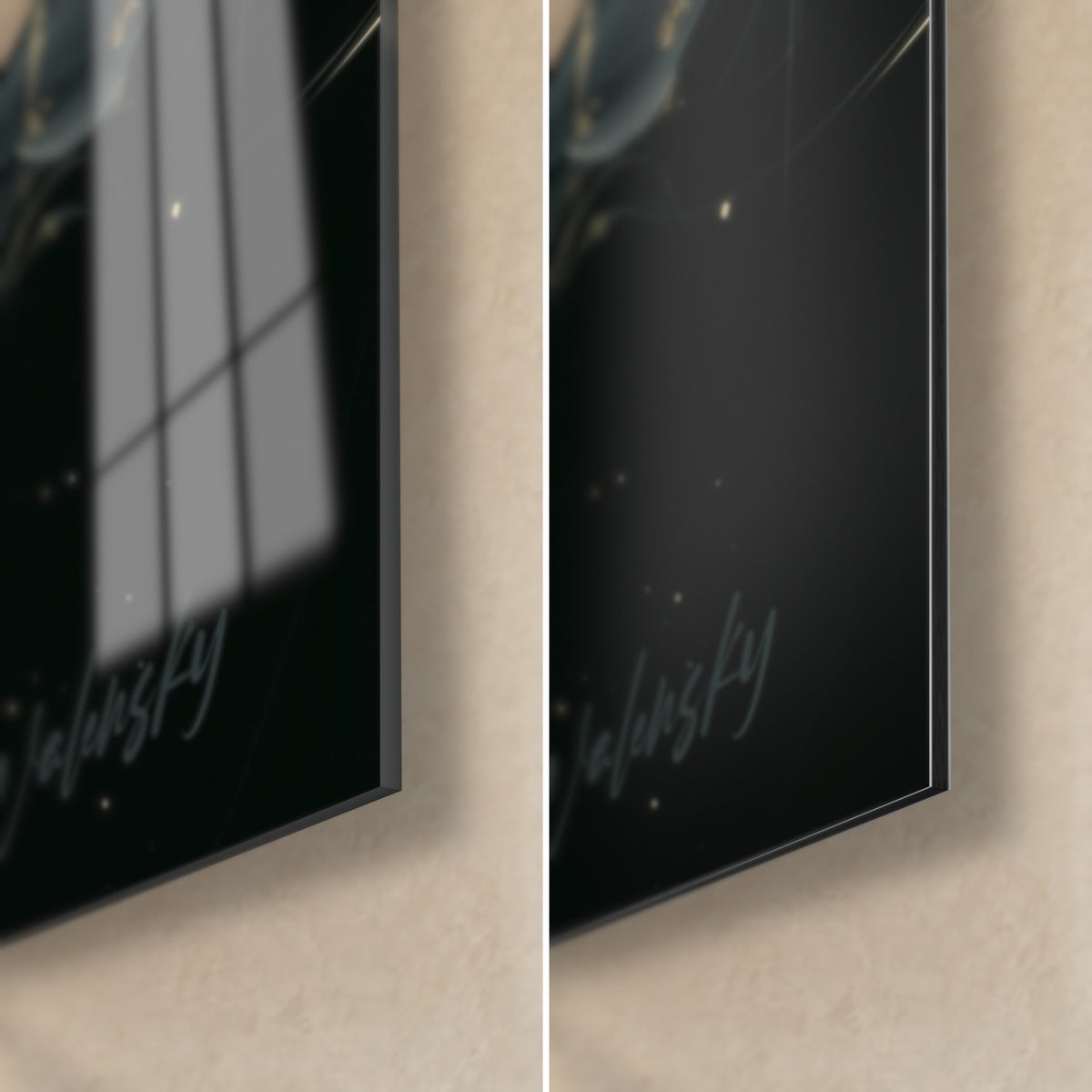 Wall art black narwhal with gold veining, bottom right corner: glossy acrylic glass on the left, matte Dibond aluminium on the right, 3 mm edge