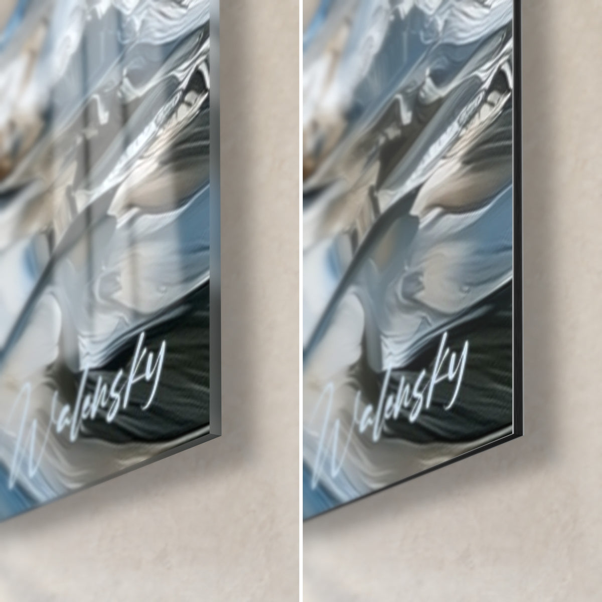 Wall art arctic whale with frosty blue and mother-of-pearl white impasto, bottom right corner, glossy acrylic glass facing matte Dibond aluminium, 3 mm edge