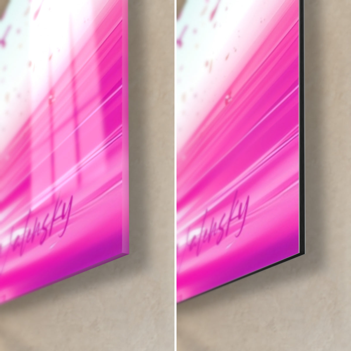 Gemälde eines Einhorn-Meerestiers in leuchtend rosa Farbe, unten rechts, glänzendes Glas mit Reflexen und mattschwarzes Dibond, 3 mm Kante sichtbar