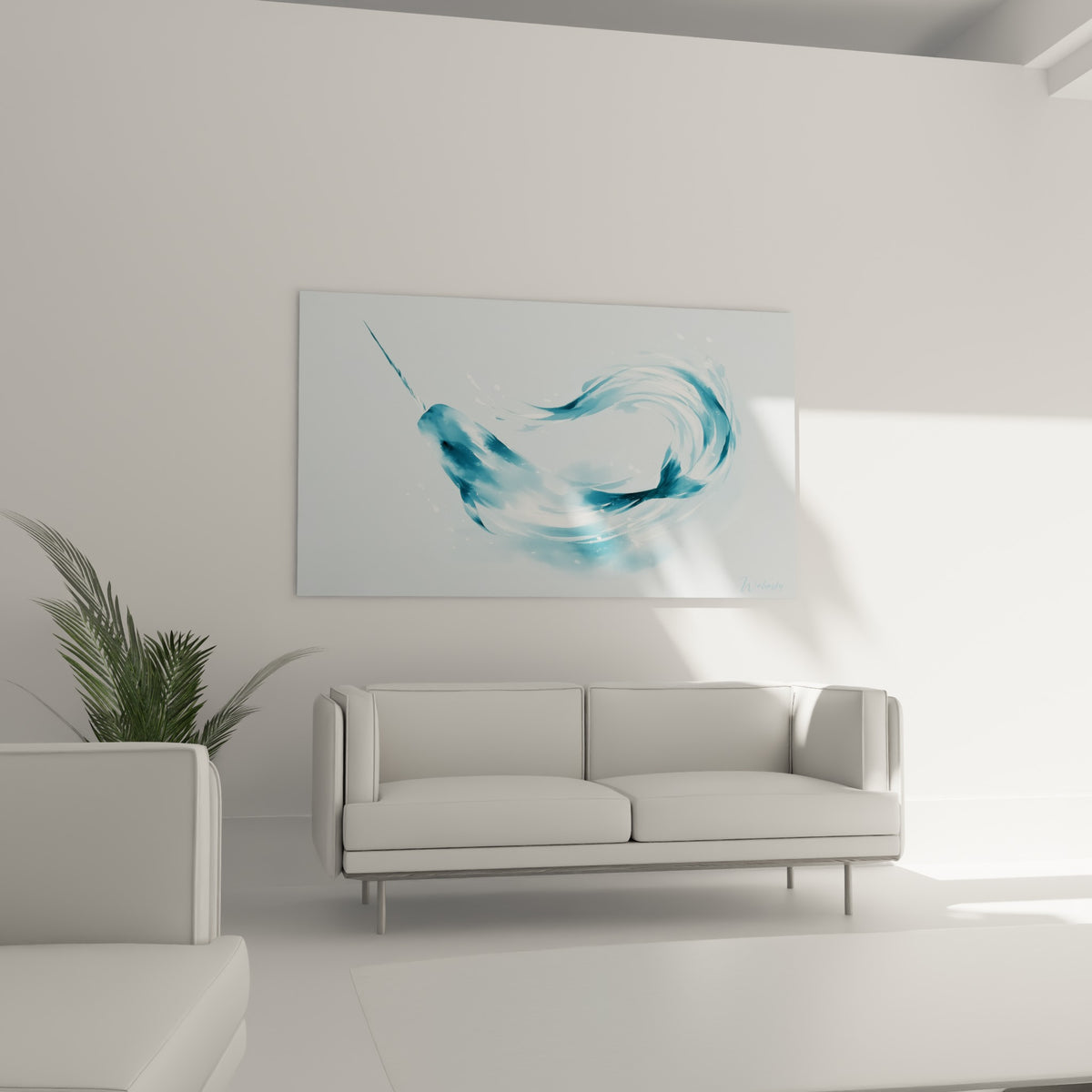 Narval turquoise et blanc glissant dans une vague, disposé au-dessus d'un canapé dans un salon lumineux