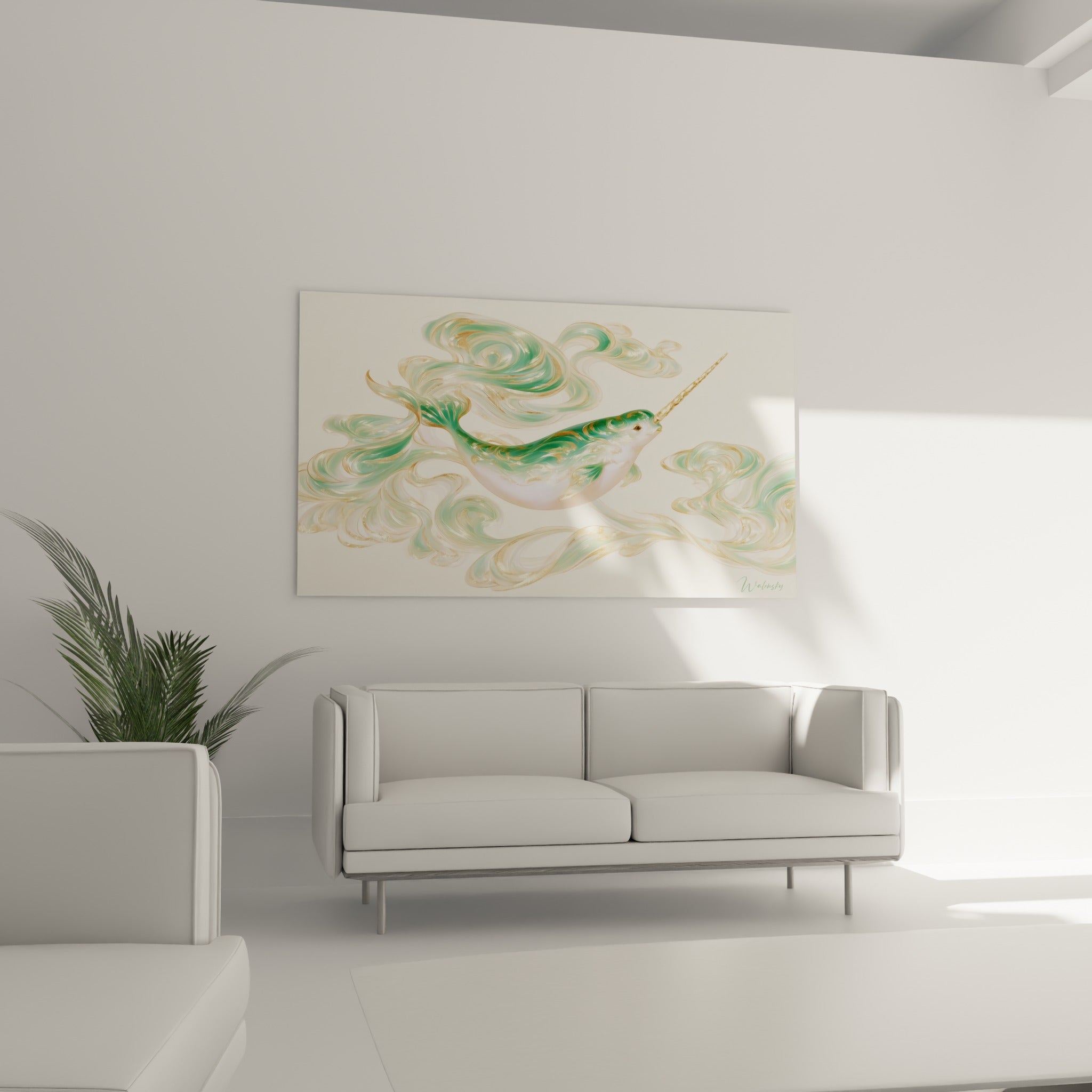 Silhouette blanche et verte du narval accrochée au-dessus d'un canapé dans un salon lumineux