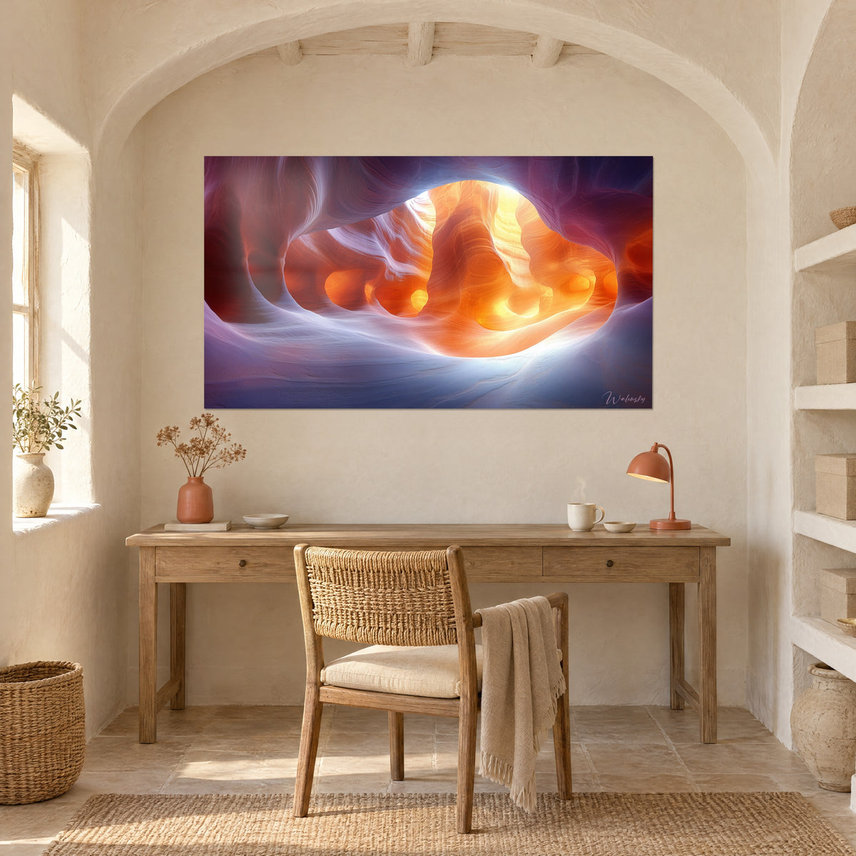 Quadro di pietra levigata, cuore arancio incandescente e veli bianchi, di fronte a una scrivania in legno chiaro vicino a una finestra