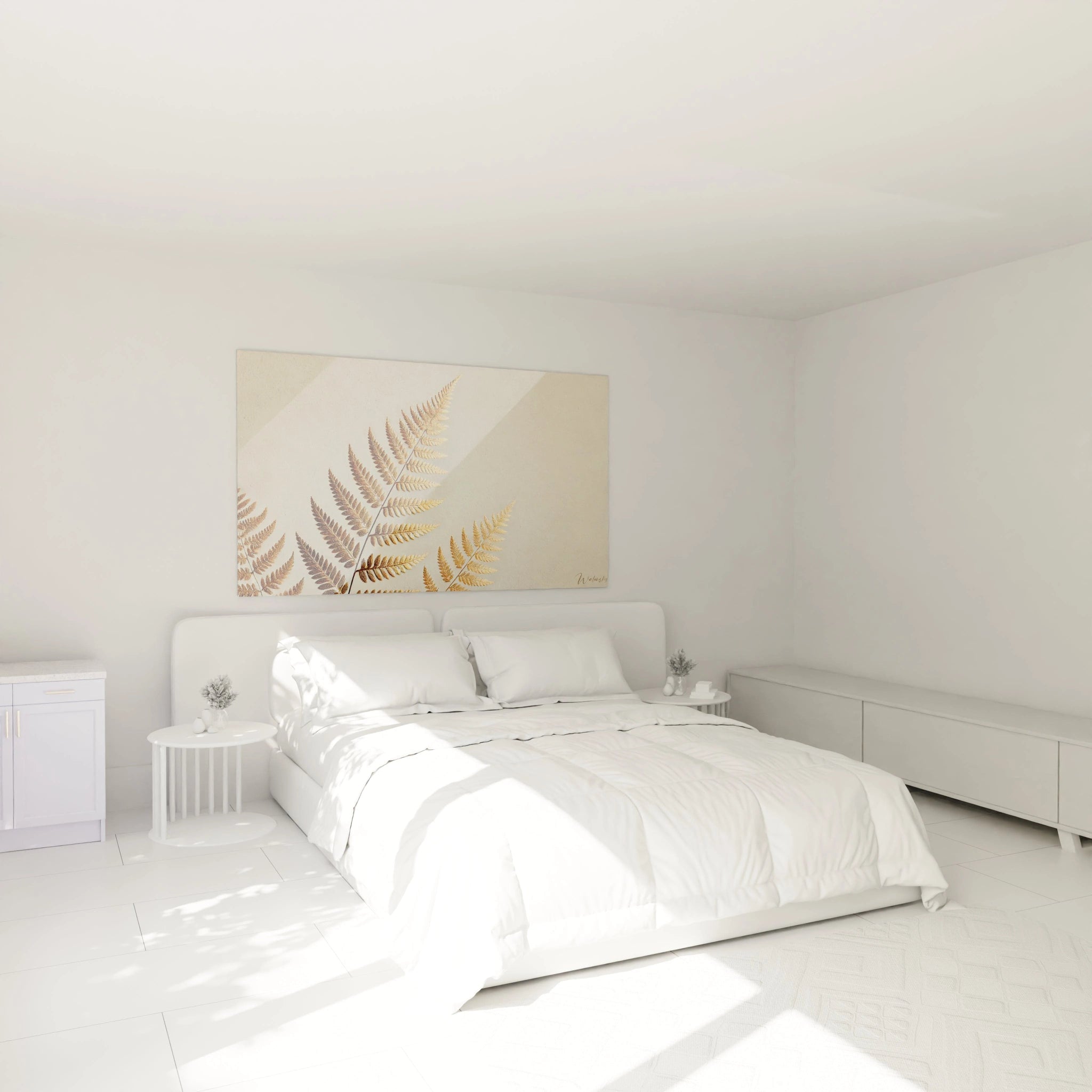 Dans cette chambre, le tableau feuille d or apporte une ambiance apaisante au-dessus du lit. Les teintes dorées et le fond beige créent une atmosphère zen propice au repos et à la détente.