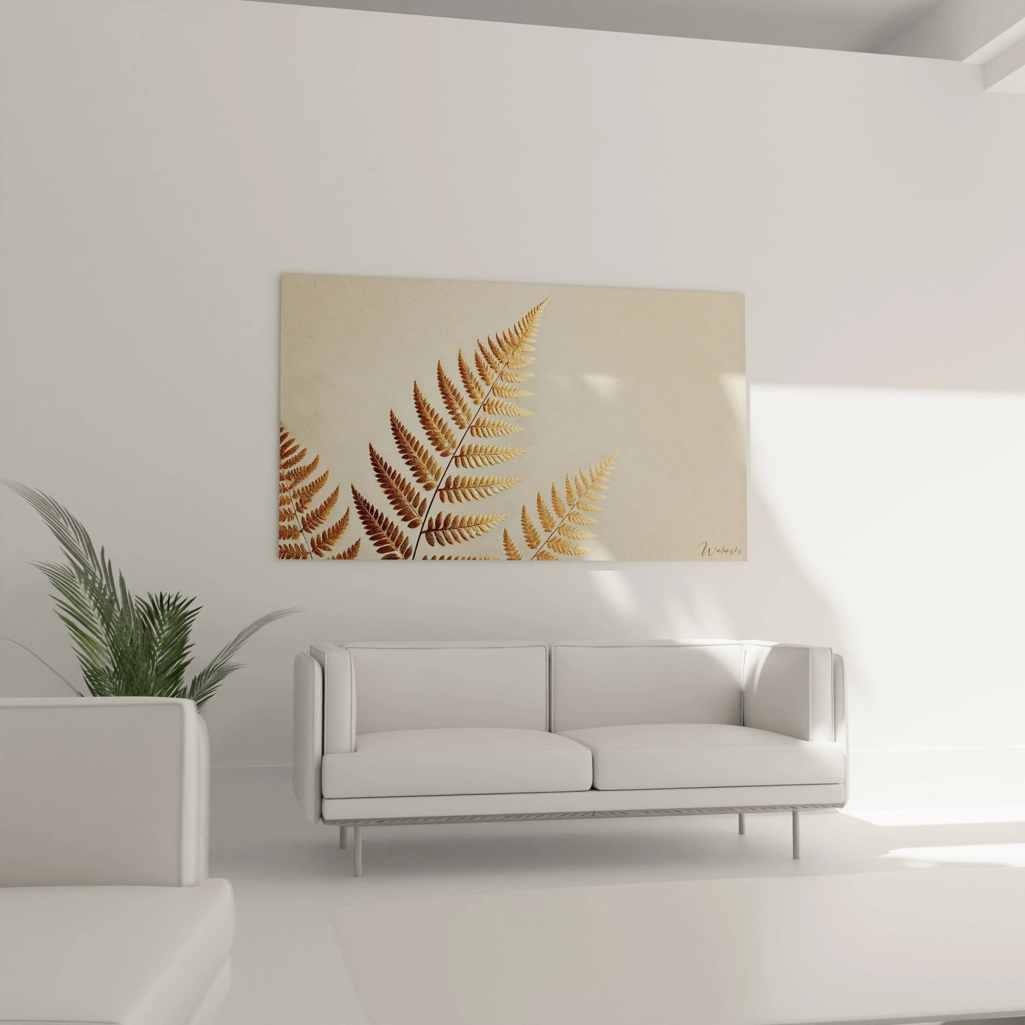 Parfait pour le salon, ce tableau feuille d or illumine l espace au-dessus du canapé avec ses feuilles de fougère dorées, ajoutant une touche de nature et de luxe à votre décoration.