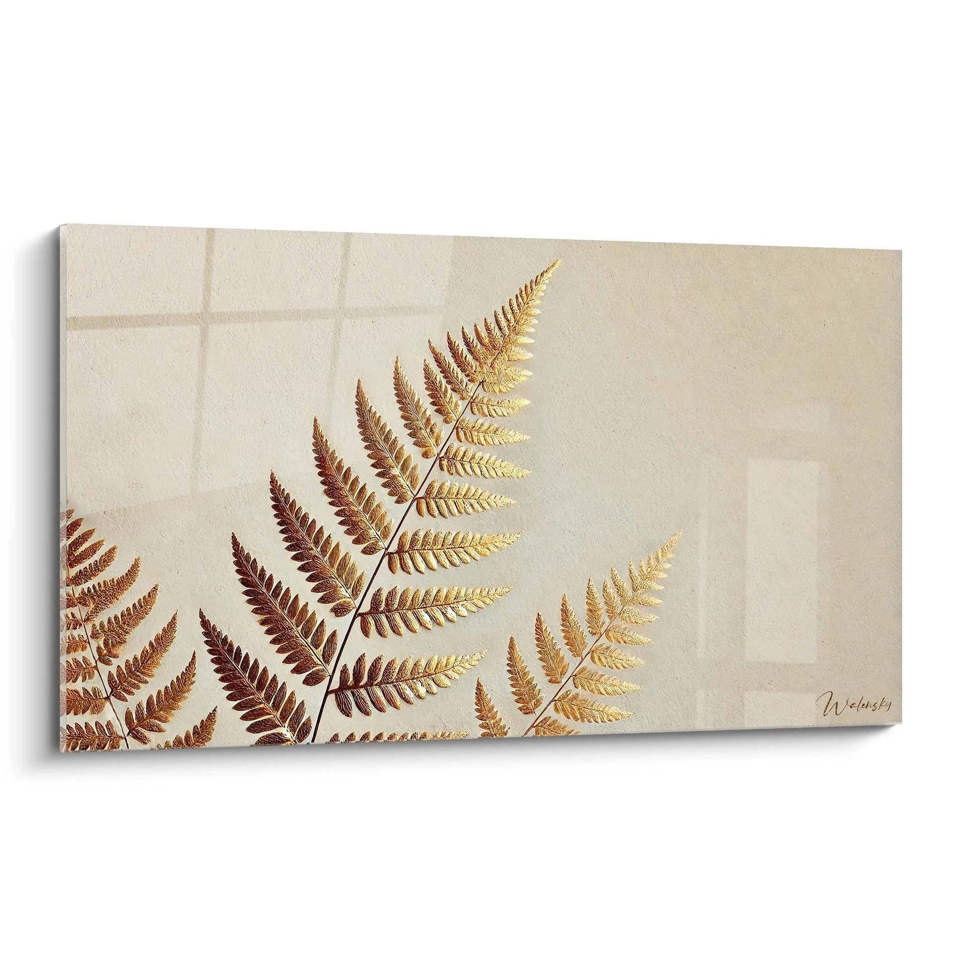 Découvrez le tableau feuille d or, une œuvre élégante et raffinée qui capture la beauté des fougères dorées. Vue de biais, chaque détail prend vie dans un jeu subtil de lumière et de texture.