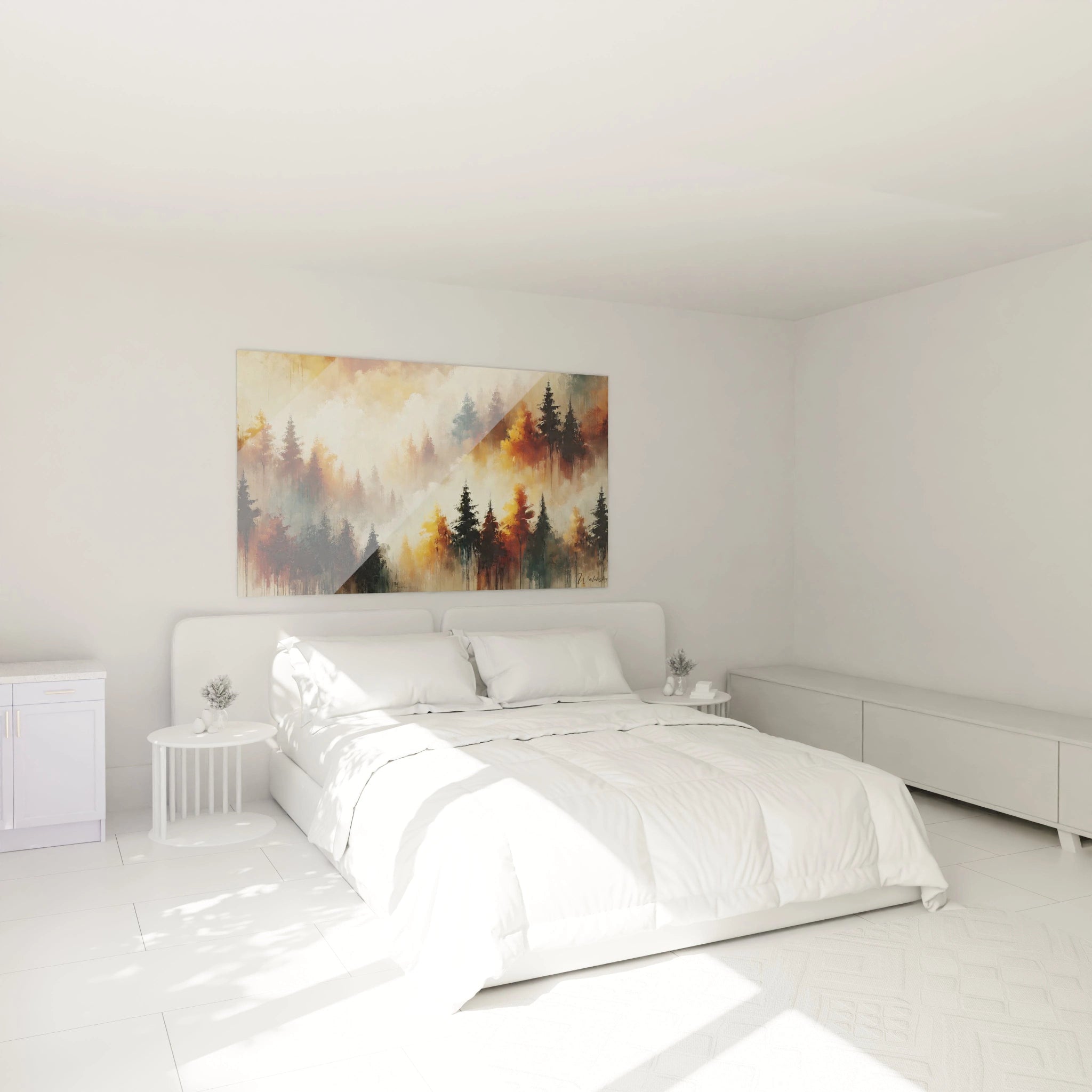 Tableau Automne dans une chambre, accroché au-dessus du lit. Les couleurs automnales de marron et orange ajoutent une touche de quiétude et de charme forestier à l'espace.