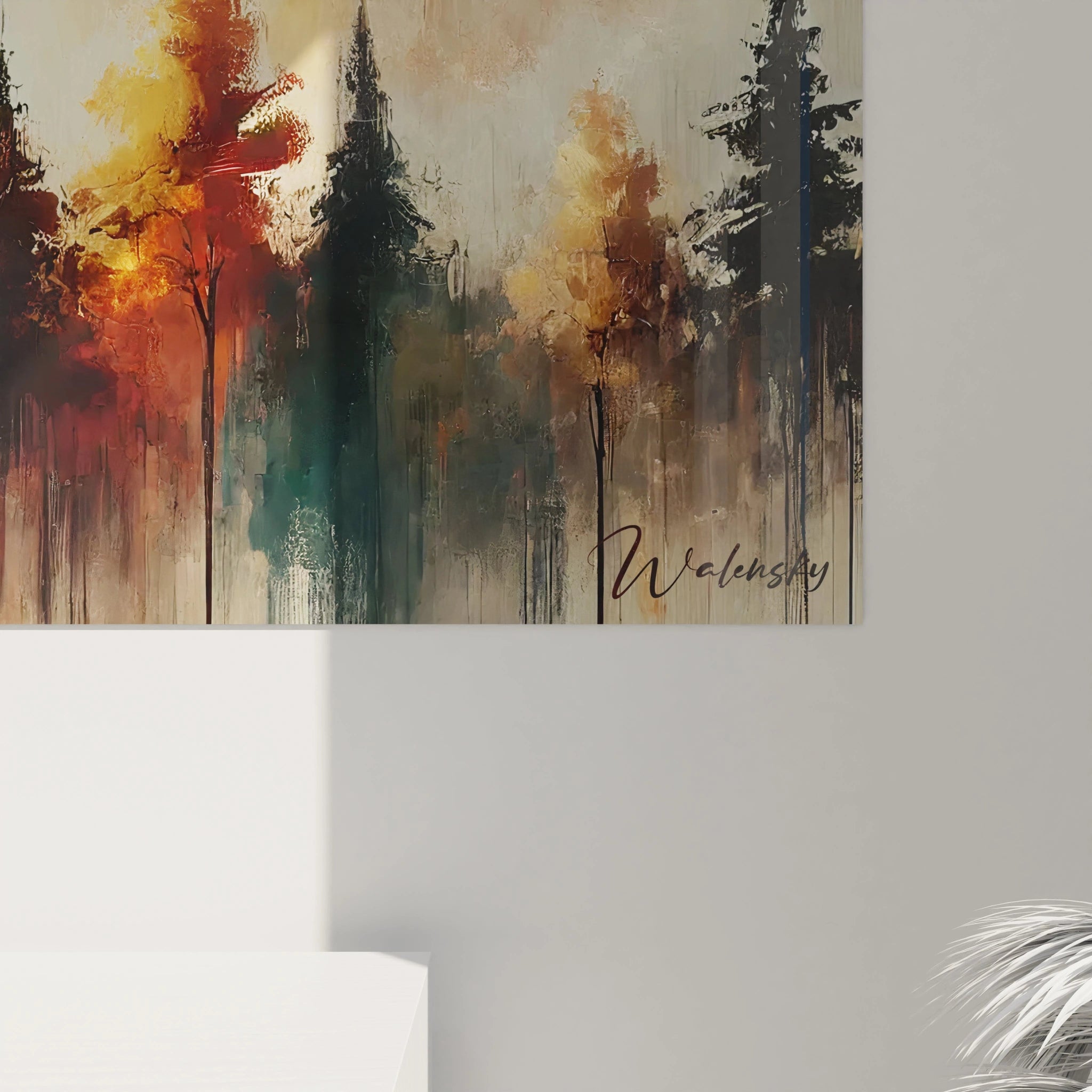 Gros plan sur le tableau Automne, révélant la finesse des feuilles et la transition des couleurs. Chaque nuance capture l'essence de la forêt en automne, pour un effet apaisant.