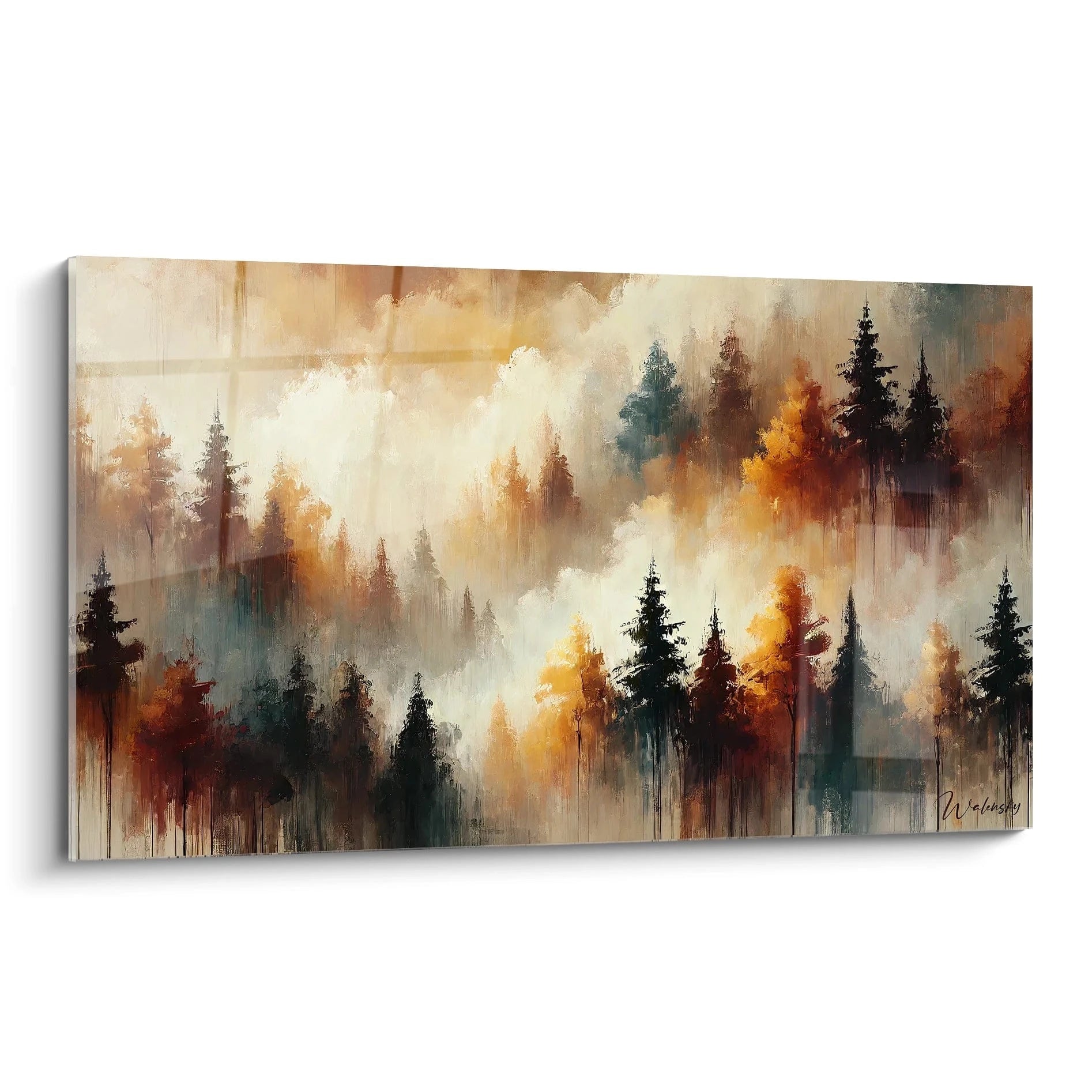 Vue de biais du tableau Automne montrant ses teintes chaudes de rouge, orange et jaune. Chaque détail capture la beauté de l'automne, idéal pour une ambiance apaisante et naturelle.