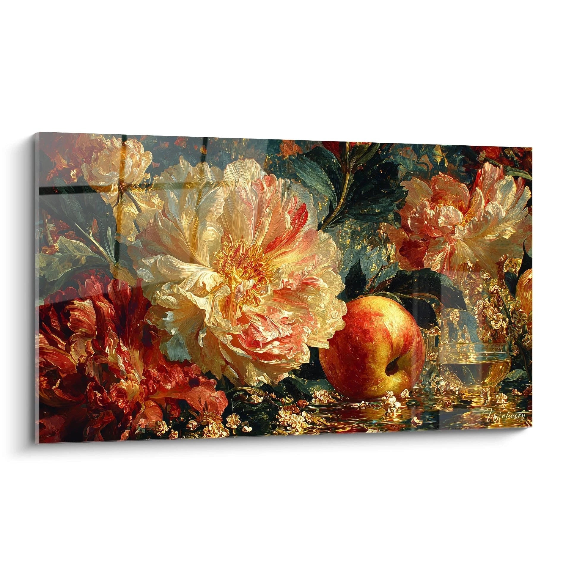 Tableau mural Walensky représentant une composition florale baroque avec pivoine et pomme tableau nature morte baroque