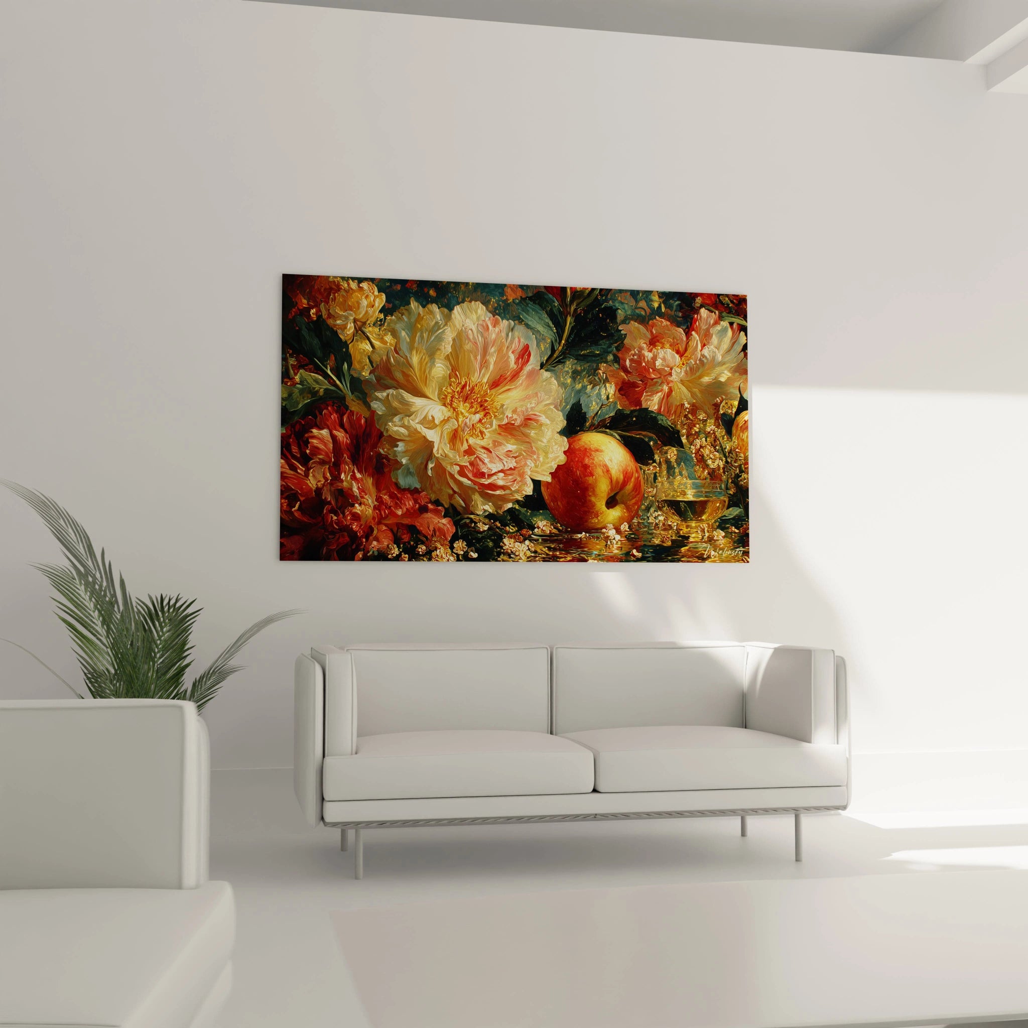 tableau nature morte baroque Walensky grand tableau mural fleurs et fruits peints sur toile pour salon