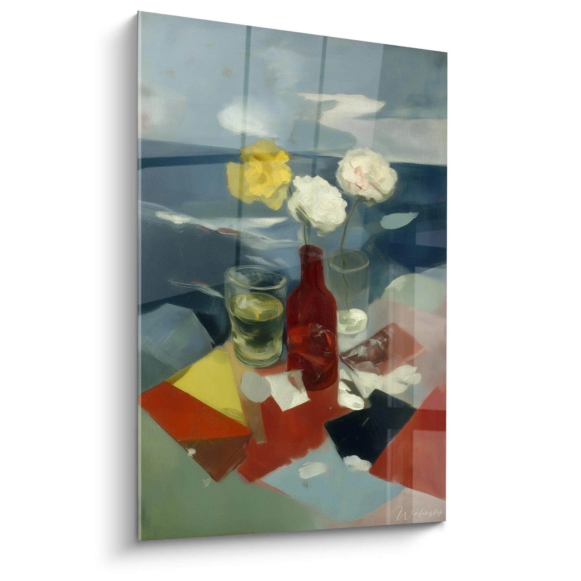 tableau nature morte moderne Walensky avec bouteille rouge, verre et fleurs jaunes et blanches sur fond abstrait
