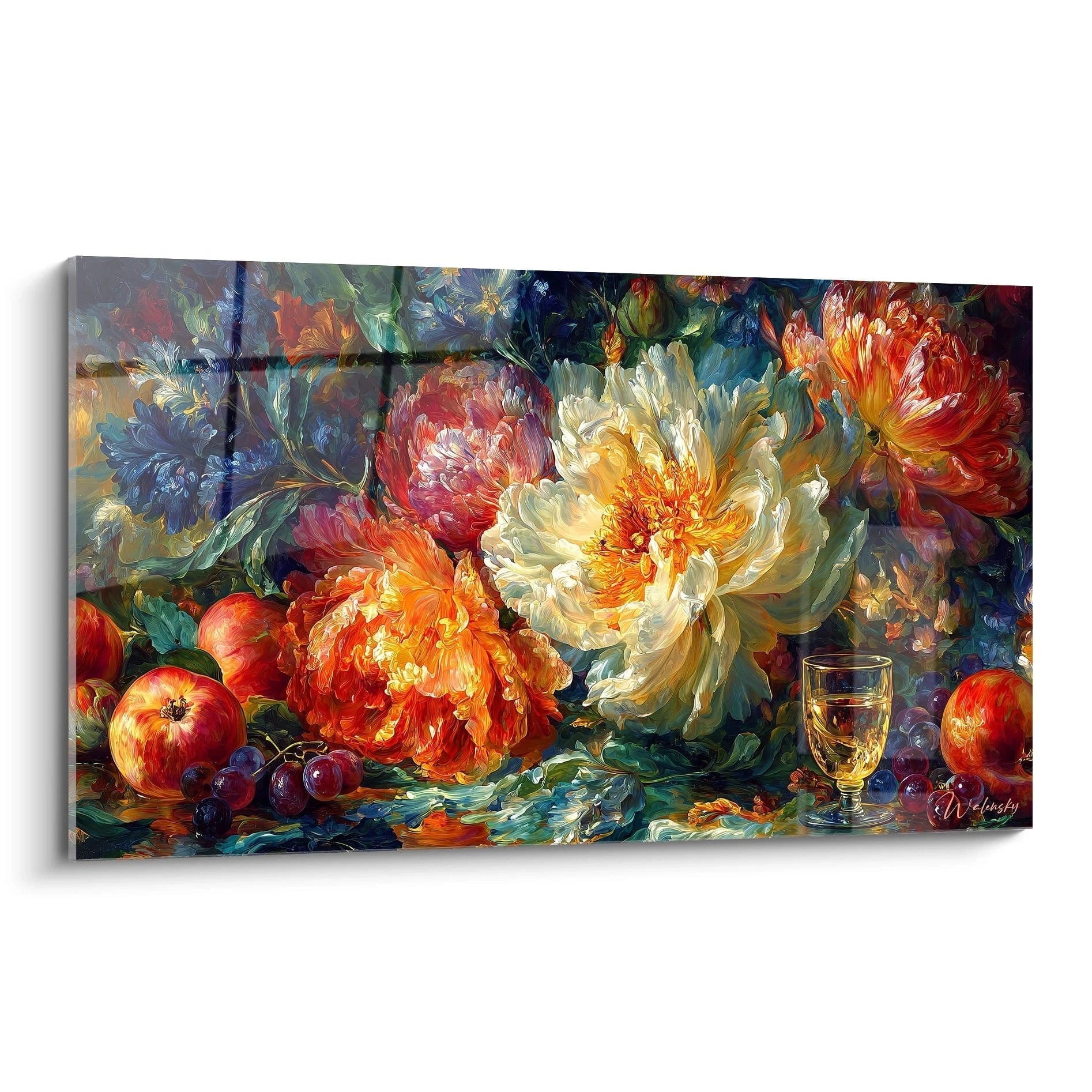 tableau nature morte baroque Walensky peinture murale pivoines rouges et blanches pommes raisins et verre de vin