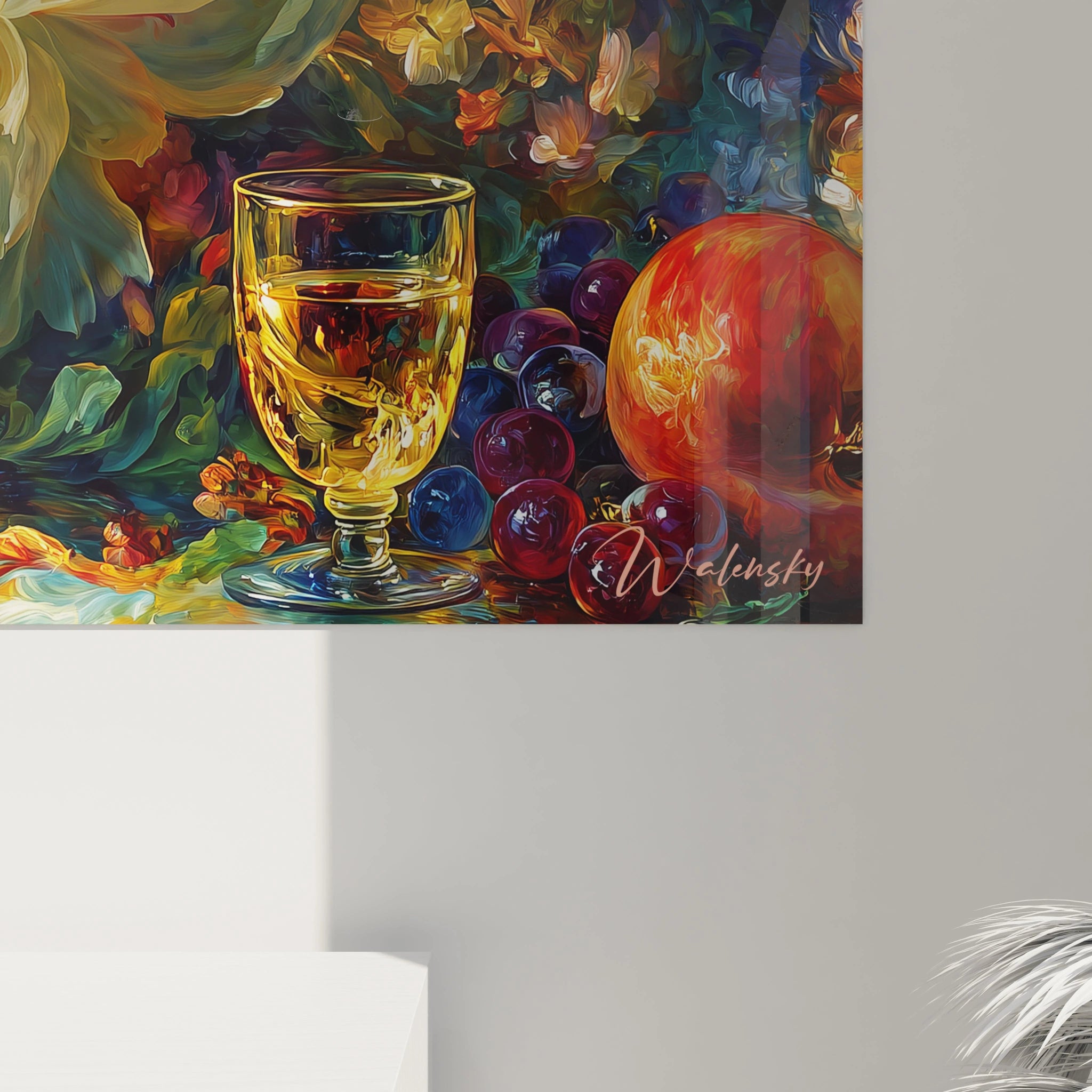 tableau nature morte baroque Walensky montrant verre de vin et grappes de raisin aux couleurs riches