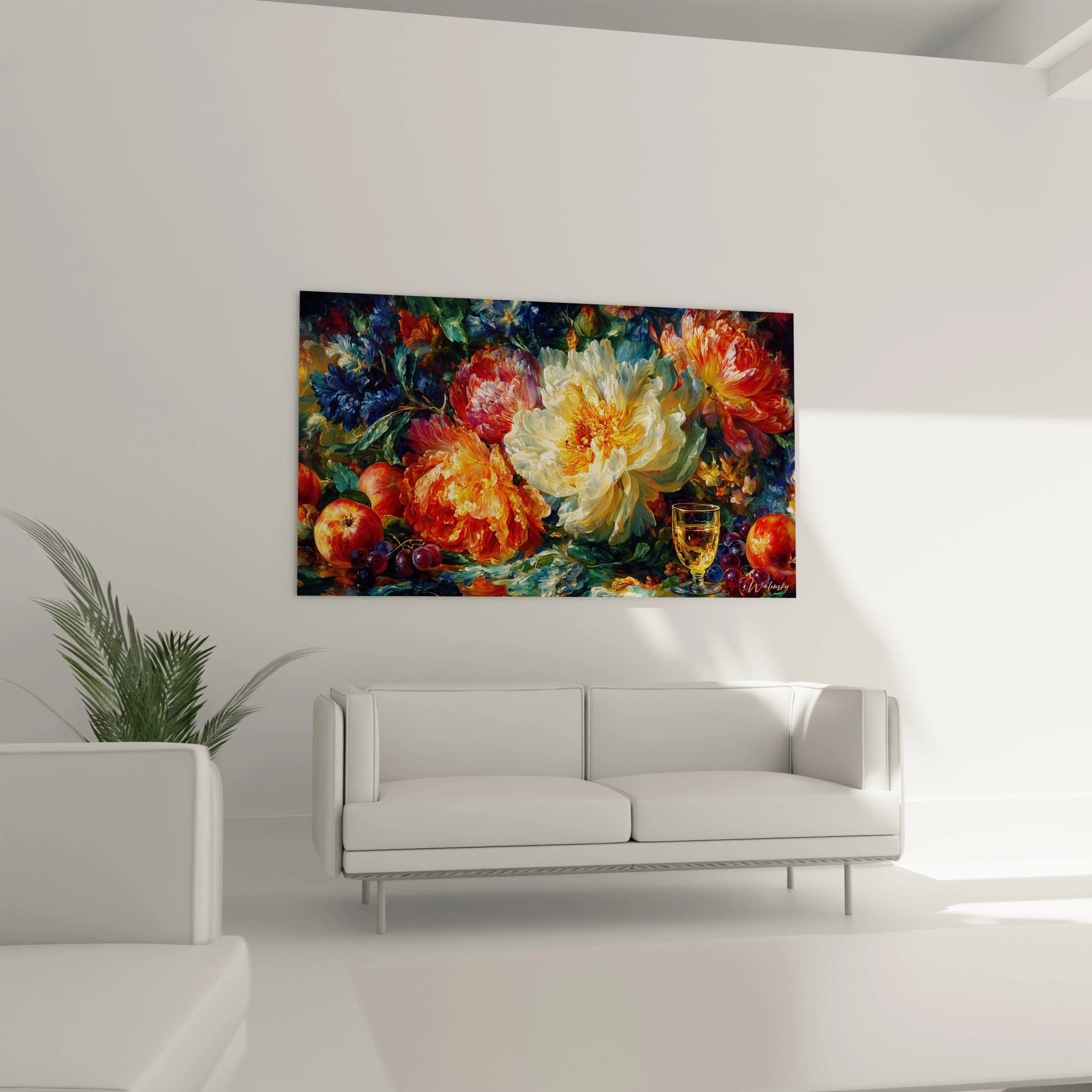 tableau nature morte baroque Walensky peinture murale florale riche en couleurs avec fruits et verre