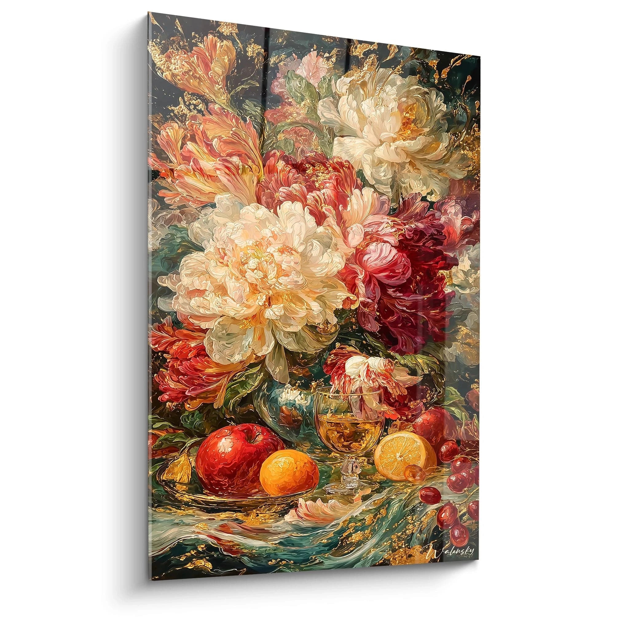 tableau nature morte baroque Walensky montrant bouquet floral opulent, fruits et coupe en verre sur fond sombre