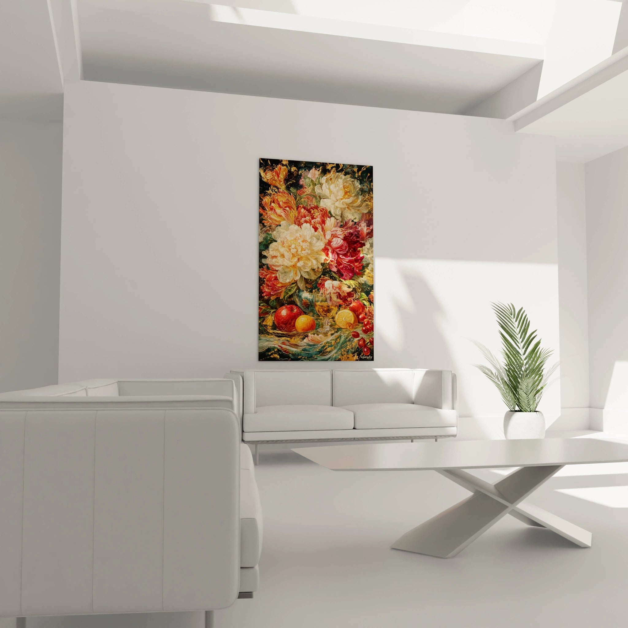 Tableau mural Walensky representant bouquet floral et fruits richement details tableau nature morte baroque