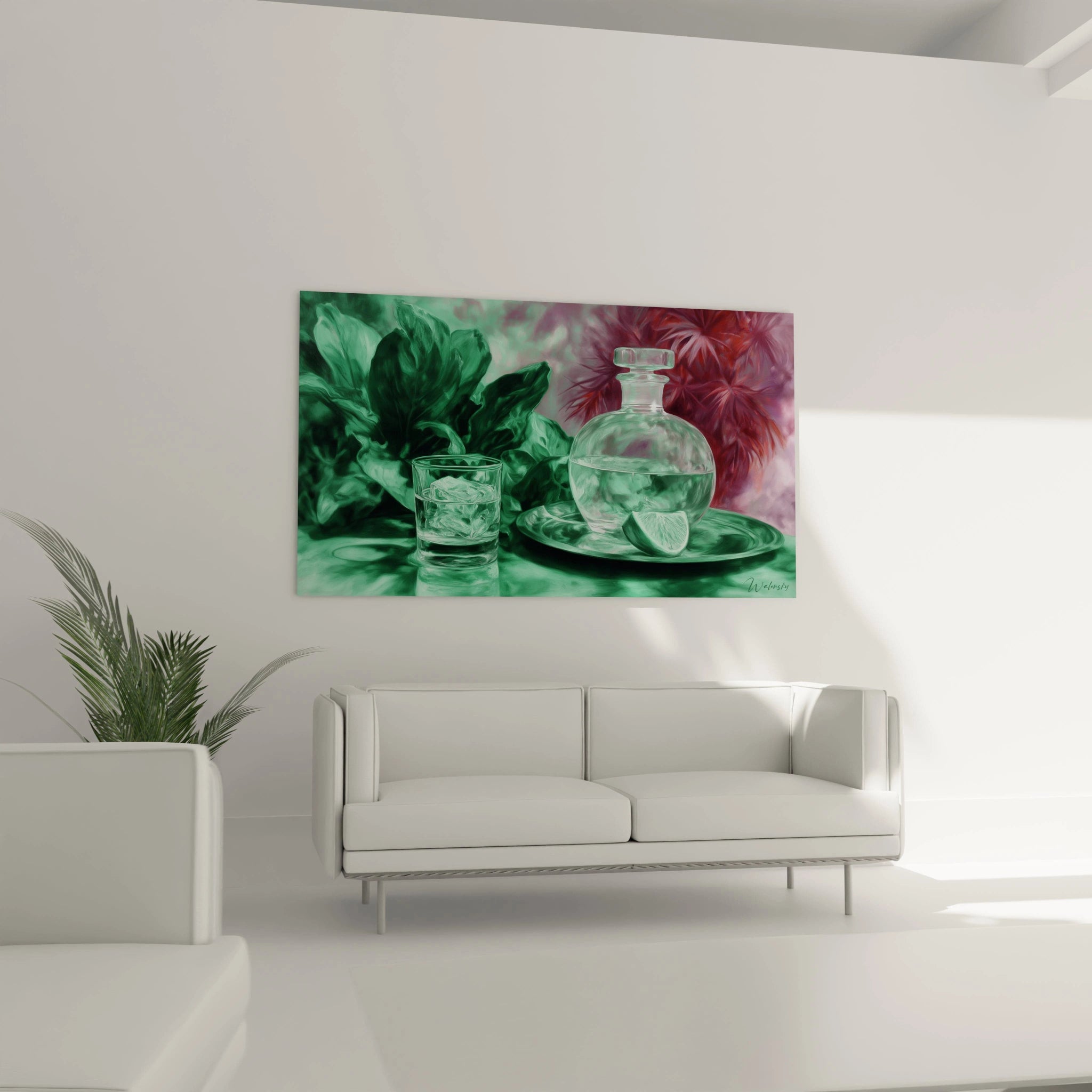 Tableau mural Walensky représentant carafe, verre et quartiers de citron sur fond végétal, tableau nature morte hyperréalisme