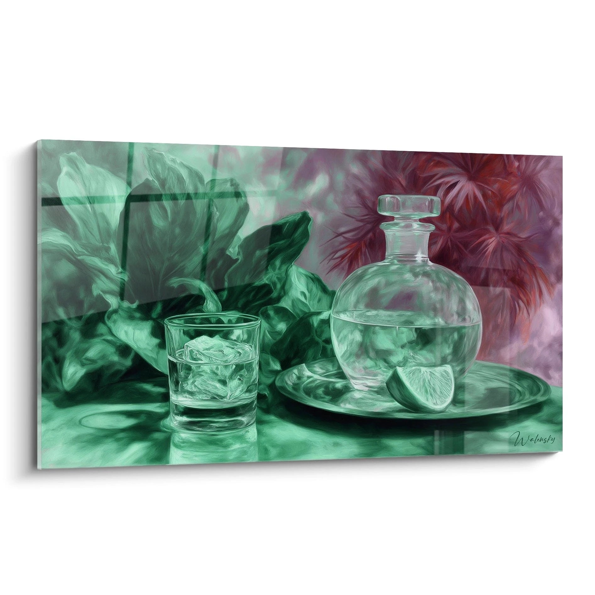 tableau nature morte hyperréalisme Walensky montrant carafe ronde en verre verre avec glaçons quartier de citron vert et feuillage