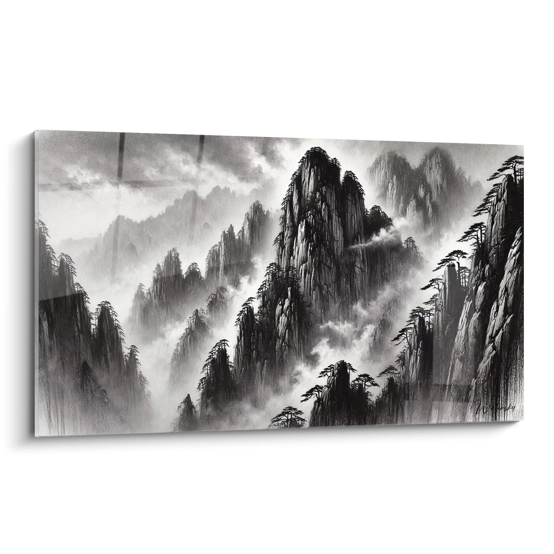 Tableau nature preservée vu de biais, capturant l'immensité des montagnes embrumées. Un hommage à la puissance sereine de la nature, alliant tradition orientale et touche contemporaine.