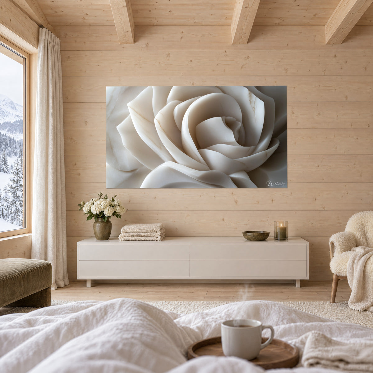 Cuadro corola de piedra blanca con curvas lechosas y matices gris beige, persona de espaldas, sobre una cama en un dormitorio luminoso