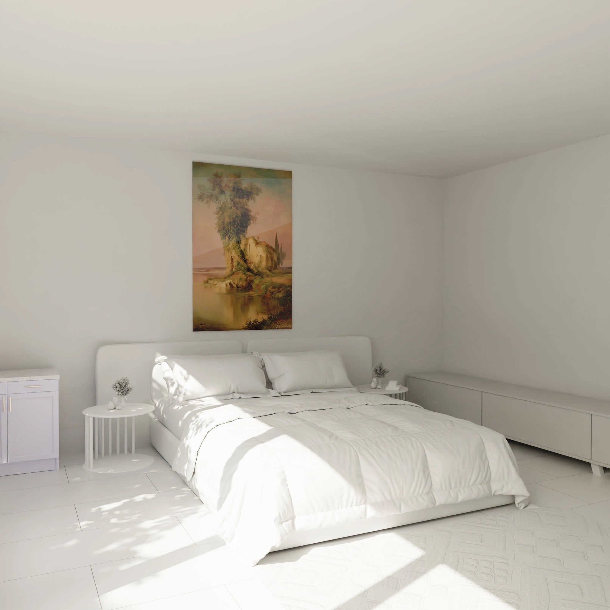 Chambre minimaliste blanche avec lit double et tableau mural nature romantique Walensky au dessus du lit
