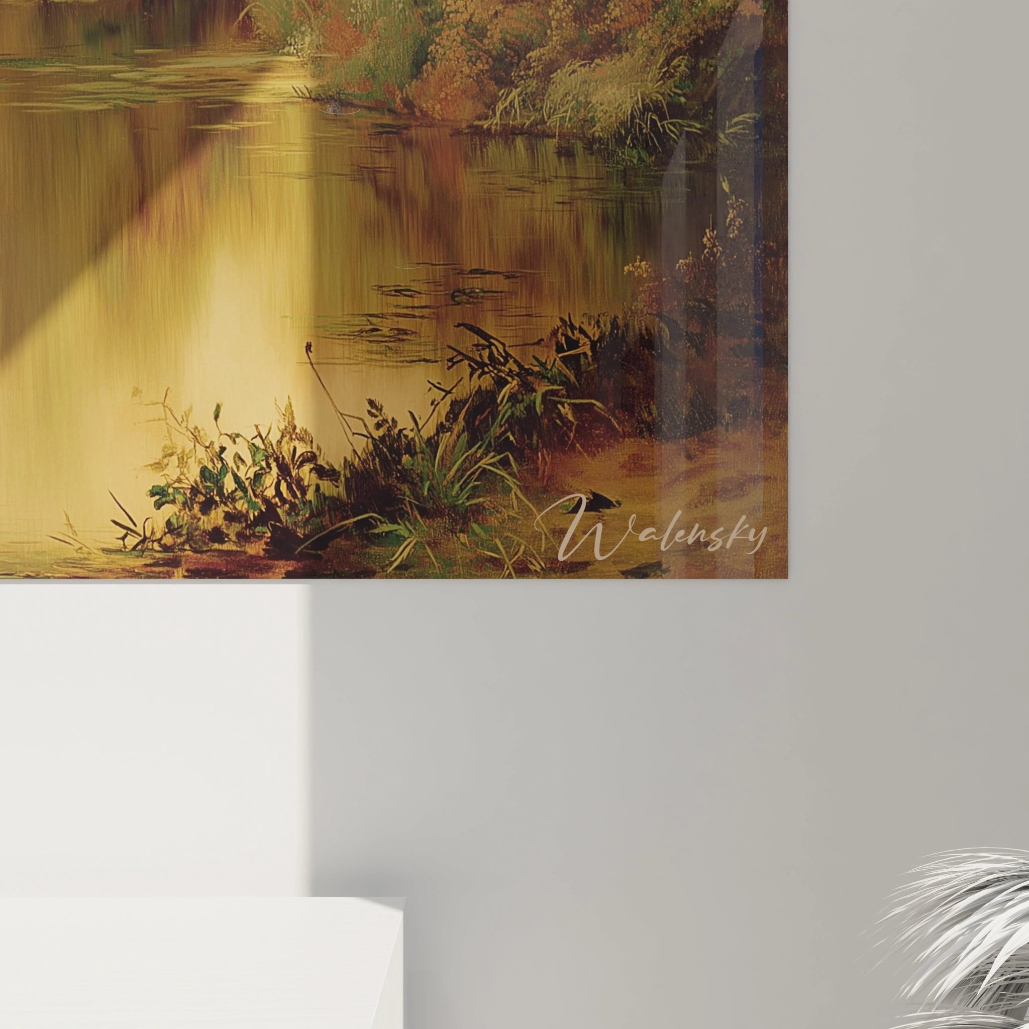 tableau mural nature romantique Walensky montrant un bord d'étang doré au coucher de soleil, gros plan sur la signature
