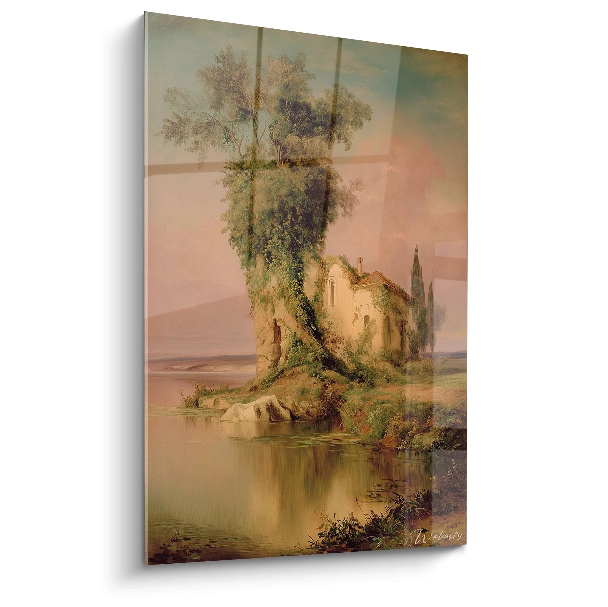 Walensky tableau mural nature romantique paysage au bord de l eau avec arbre maison et reflet