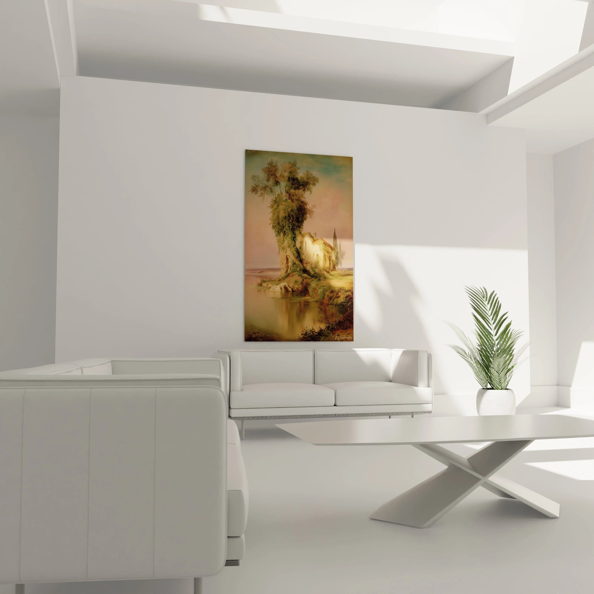 tableau mural nature romantique Walensky accroché au dessus d un canapé blanc dans un salon minimaliste et lumineux