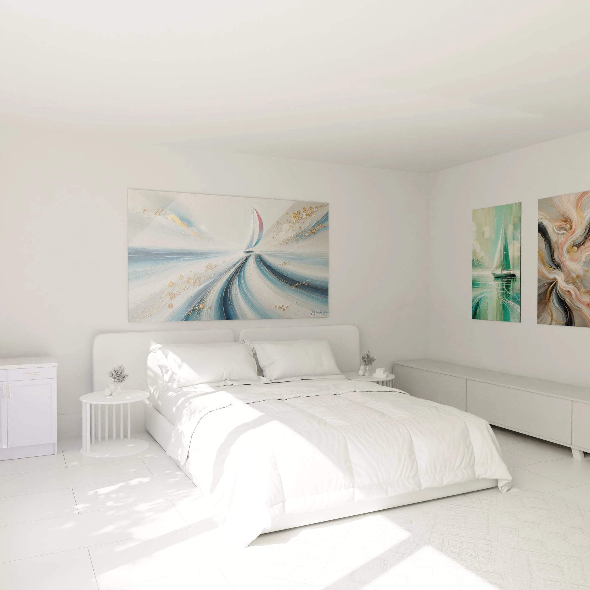 "Tableau maritime moderne au-dessus du lit. Voilier stylisé, vagues fluides et détails dorés, idéal pour une décoration intérieure marine chic et contemporaine."