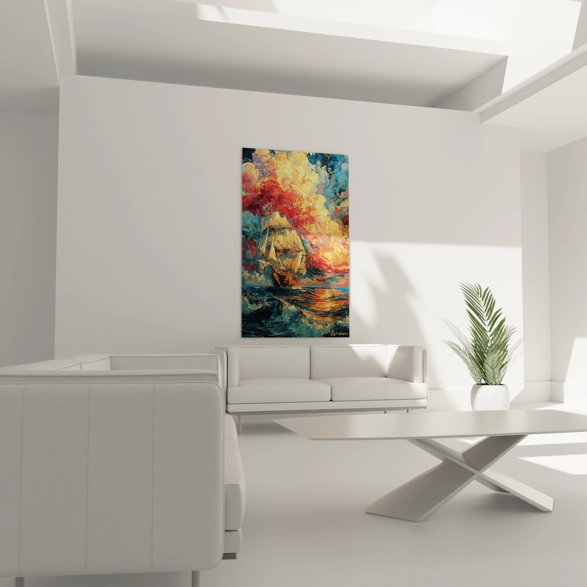 Walensky tableau mural tableau navire Christophe Colomb peinture coloree d un bateau en mer agitee dans salon moderne