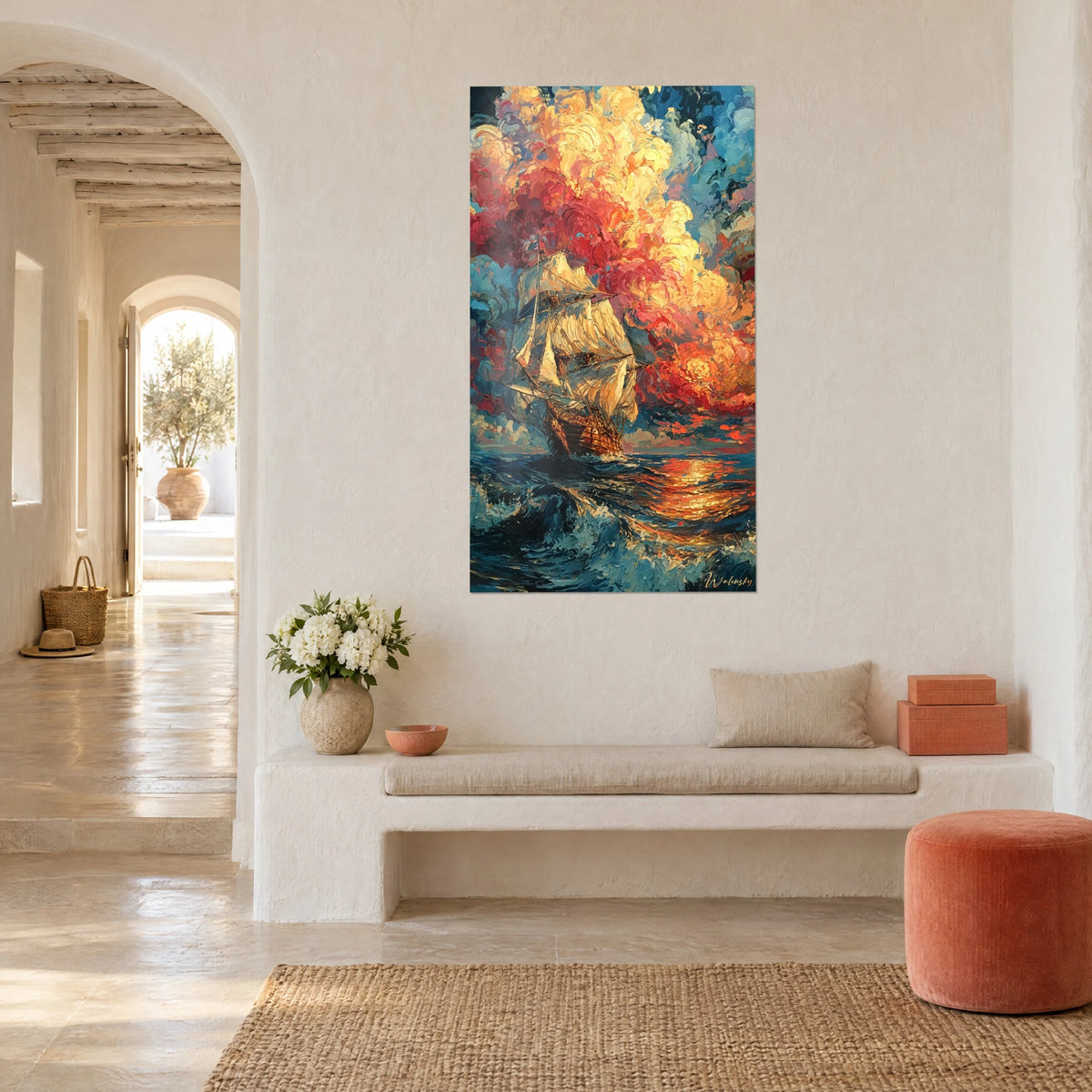 Cuadro de un tres mástiles con velas marfil, cielo coral y oro en remolinos, oleaje azul noche, en un pasillo abovedado de una casa mediterránea