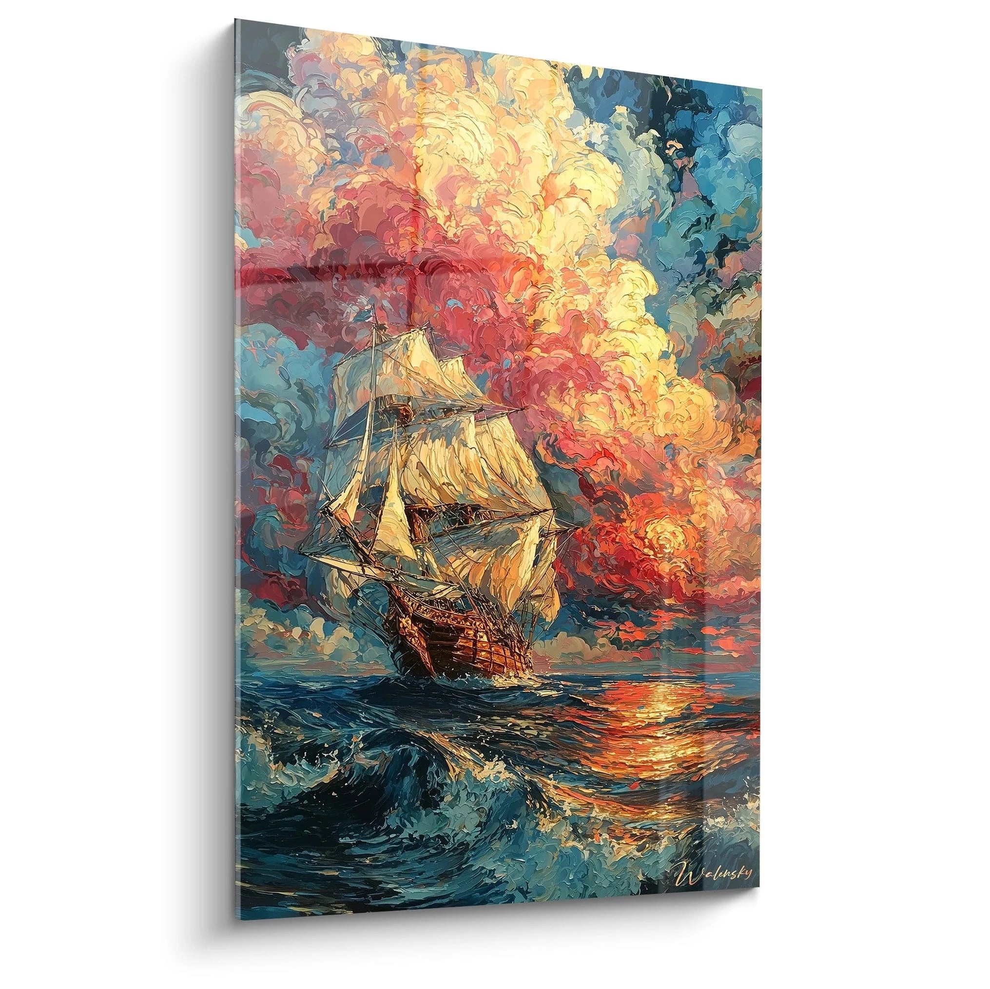 tableau navire Christophe Colomb Walensky peinture murale d'un trois mâts aux voiles pleines sur mer et ciel flamboyant