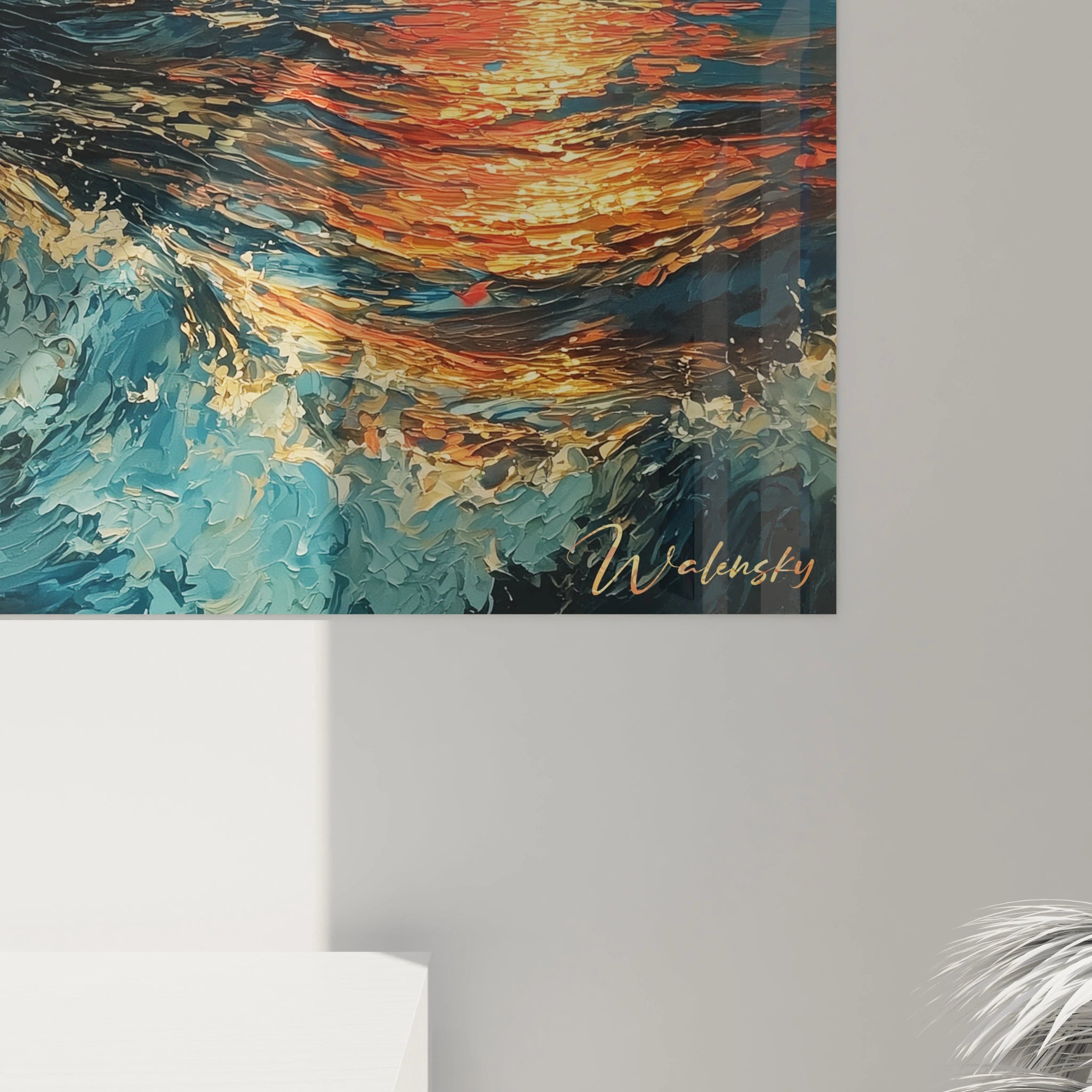 Tableau mural Walensky représentant vagues texturées et reflet de soleil couchant tableau navire Christophe Colomb