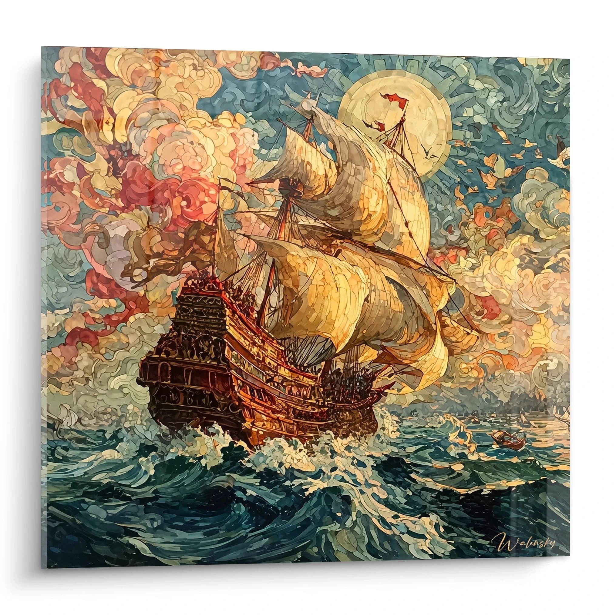Tableau mural Walensky d'un grand navire à voiles sur vagues tumultueuses et ciel flamboyant, tableau navire mer déchaînée