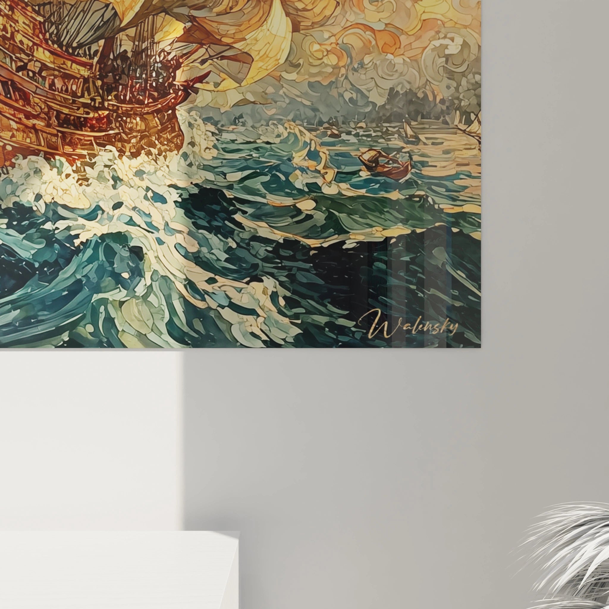 Tableau mural Walensky accroché sur mur gris, tableau navire mer déchaînée, grand voilier, vagues écumantes et petit canot