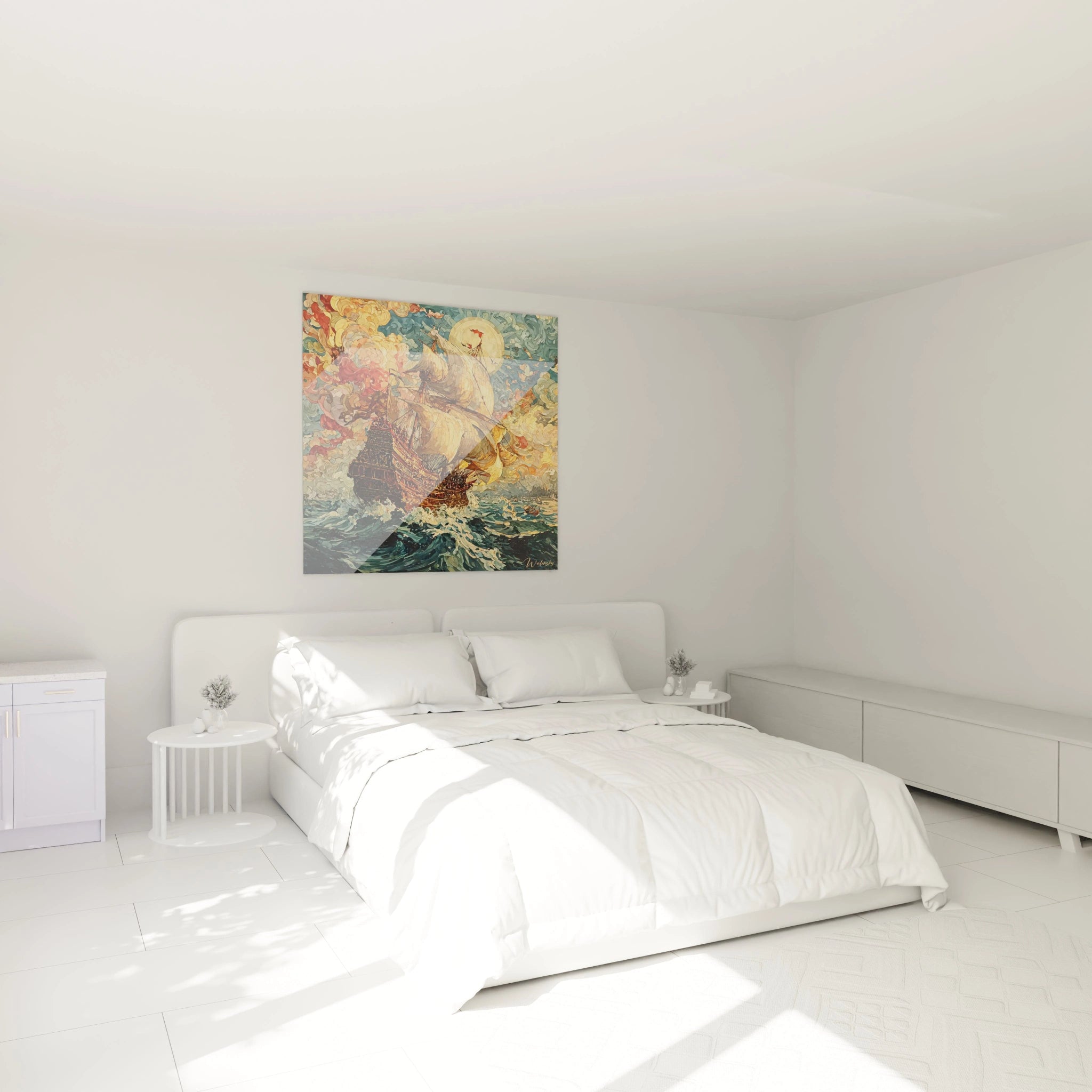 Tableau mural Walensky montrant tableau navire mer déchaînée coloré accroché au dessus d un lit minimaliste blanc