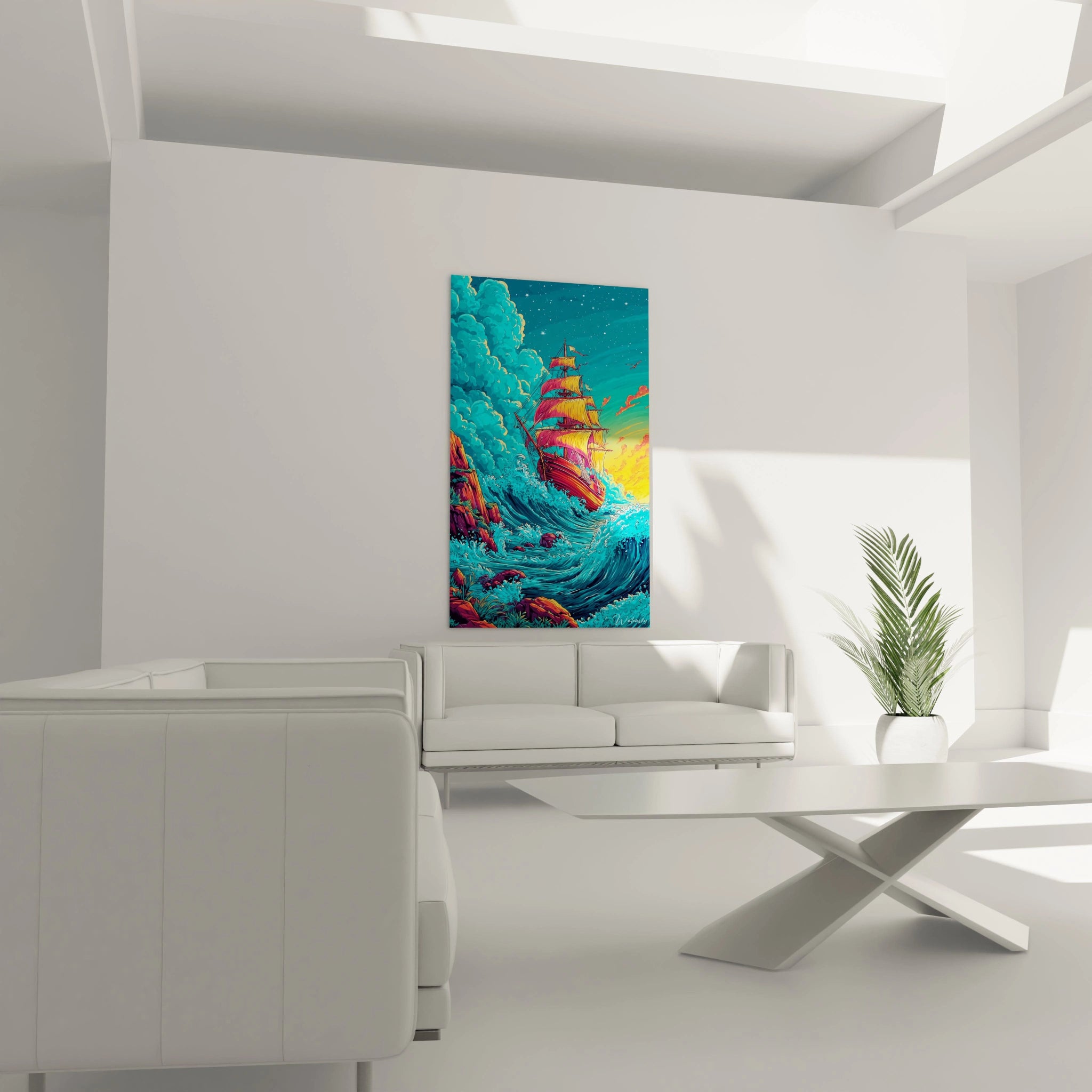 Gros plan détails tableau bateau pirate voiles multicolores et vagues déferlantes style BD
