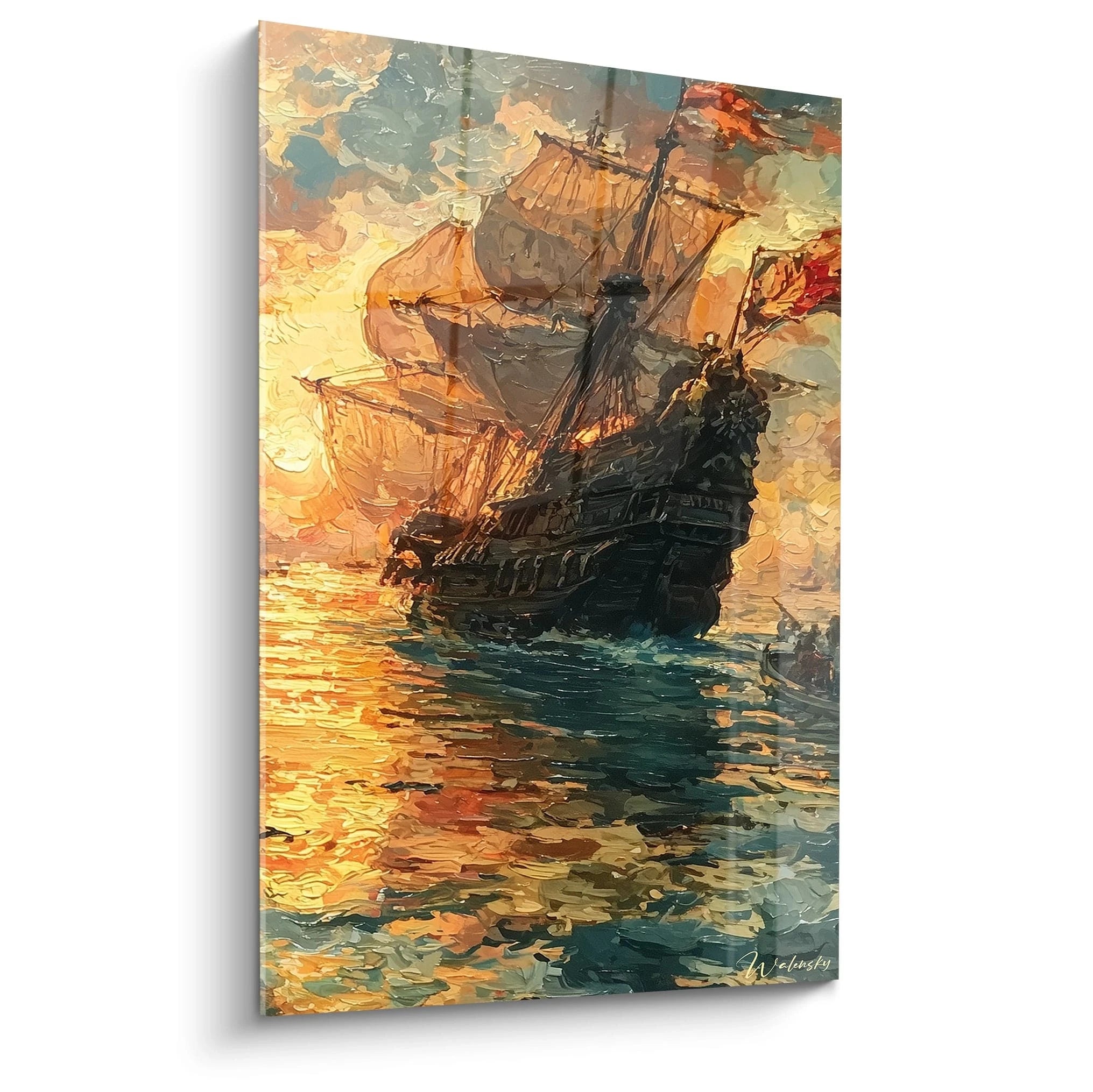 tableau navire Christophe Colomb Walensky peinture murale bateau à voiles ancien au coucher de soleil
